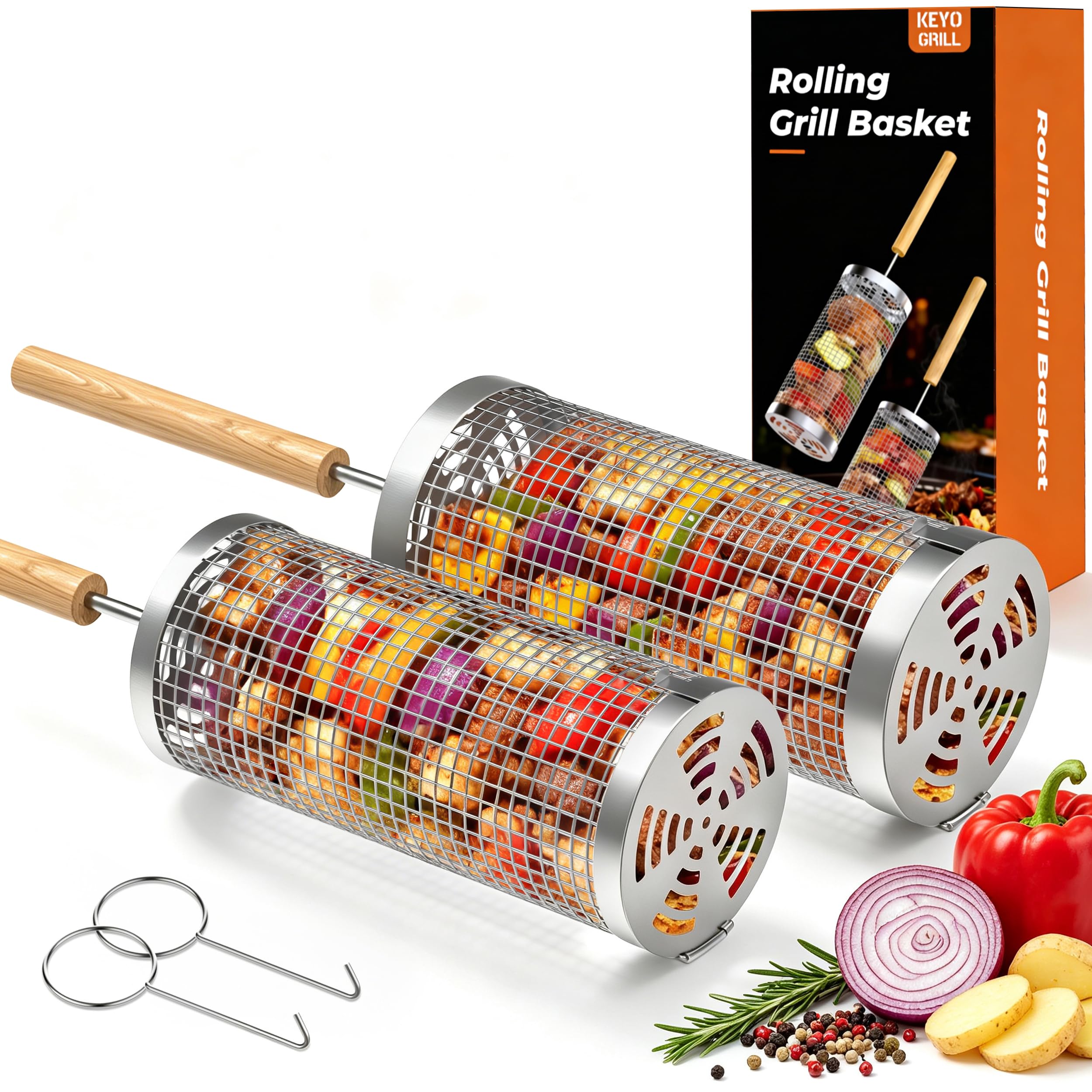 KEYO Rolling Grill Basket with Removable Wooden Handle & 304 Grilling Net