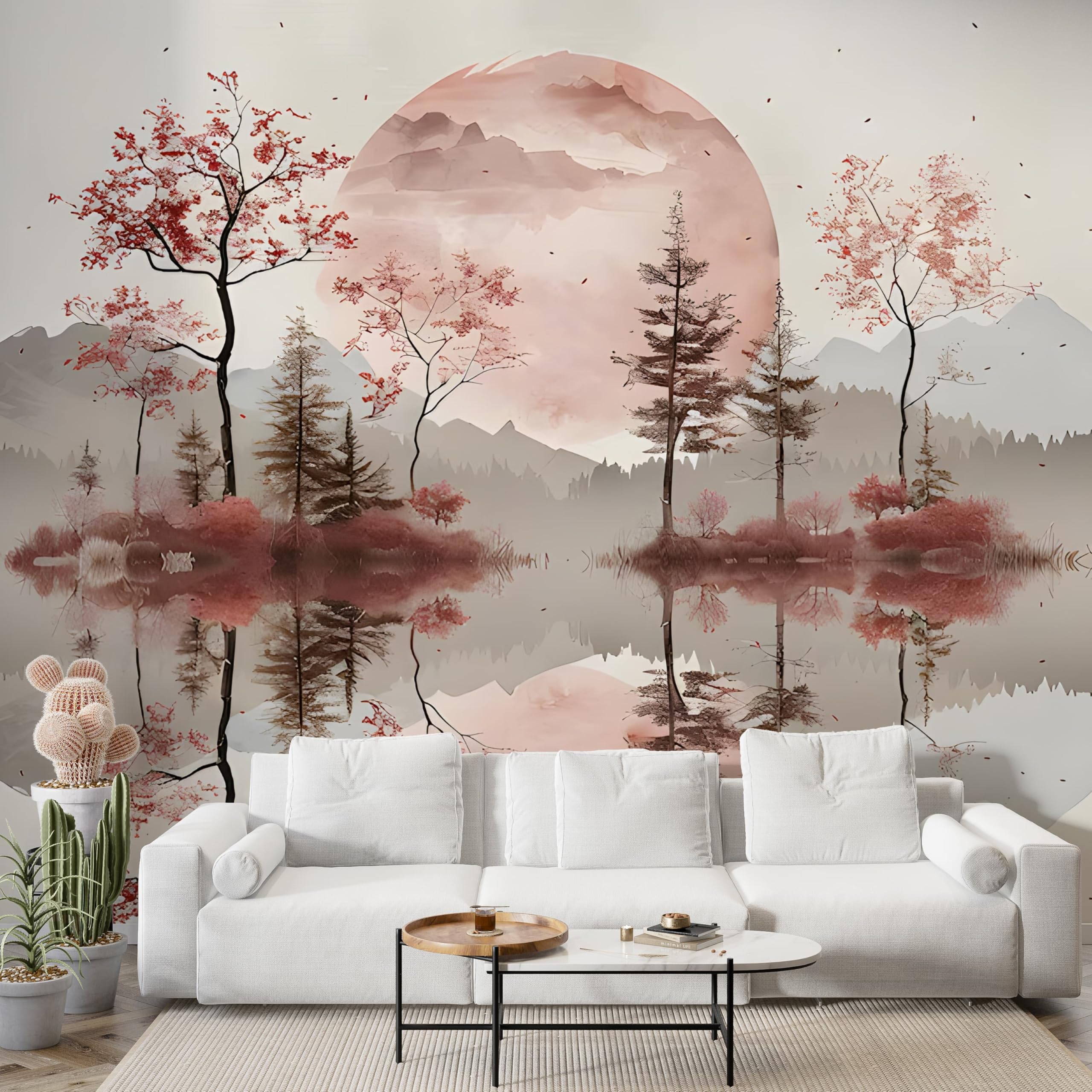Papier peint panoramique forêt adhésif mural style nordique salon 300x210 cm