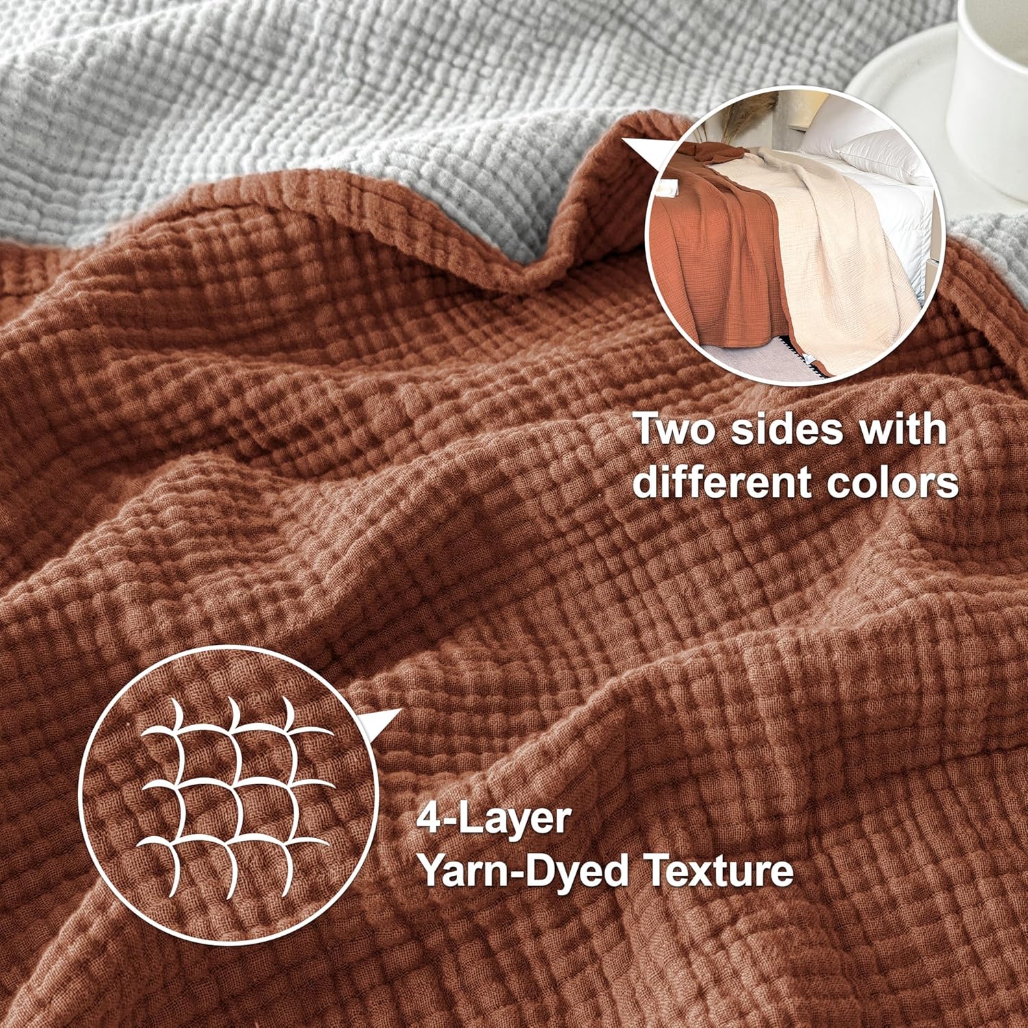 Simple&Opulence 100% Cotton Muslin Blanket King Size, Lightweight Breathable 4 Layering Gauze Blanket for Bed Couch Camping, Soft Bedspread Coverlet All-Season Use (Rust Orange, 104" x 92") - Image 3