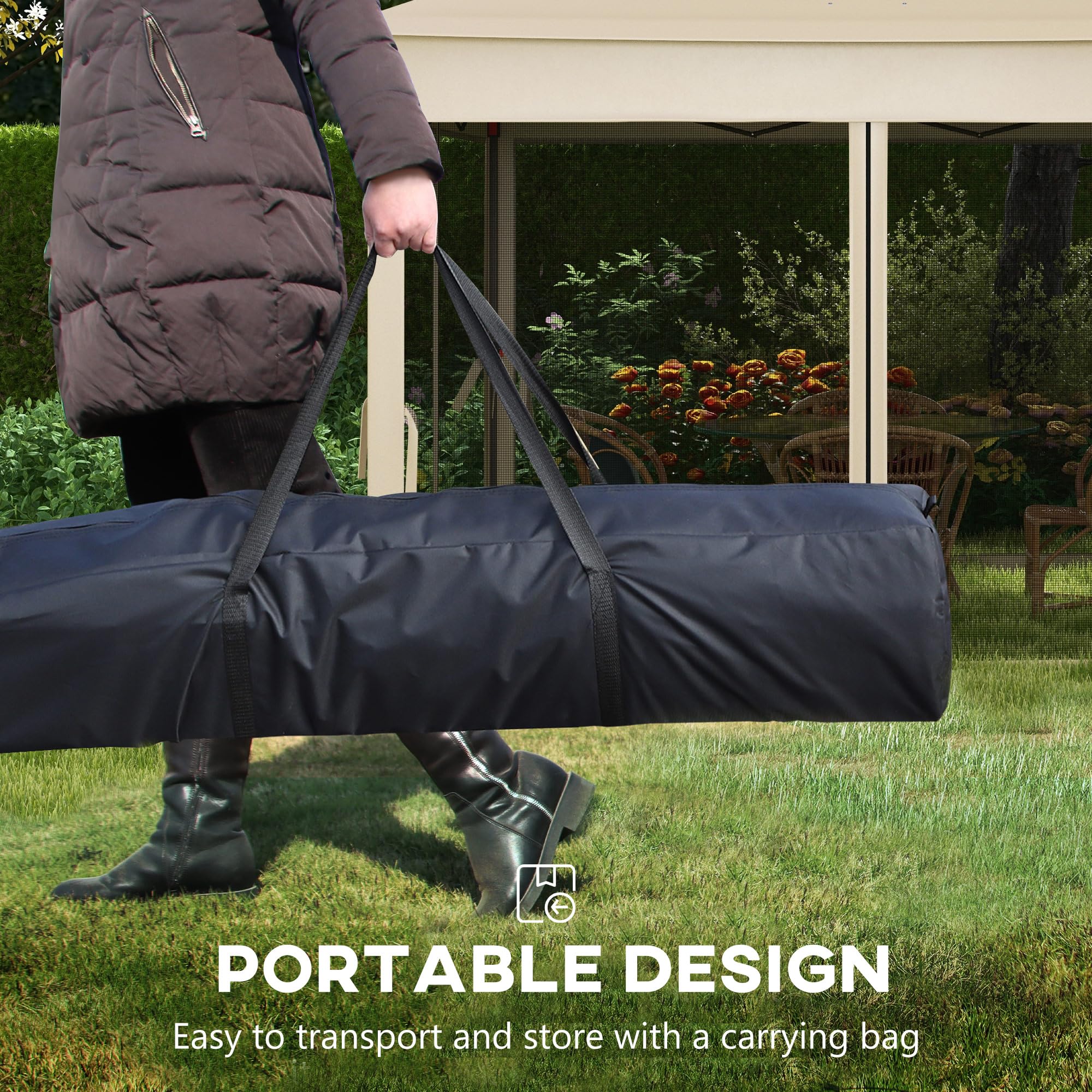 Outsunny Gazebo da giardino pieghevole pop-up Barum, 3 x 3 m, poliestere metallico, protezione UV impermeabile, zanzariera + borsa di trasporto, crema