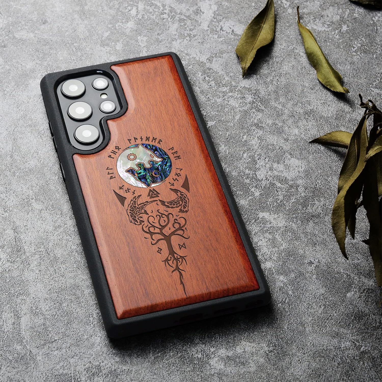 Carveit Designer Wooden Case for Samsung Galaxy S23 Ultra Cover [Wood Engraving & Shell Inlay] Unique Wood Phone Case Compatible with Wireless Chargers Galaxy S23 Ultra Case (Wolf-Rosy)