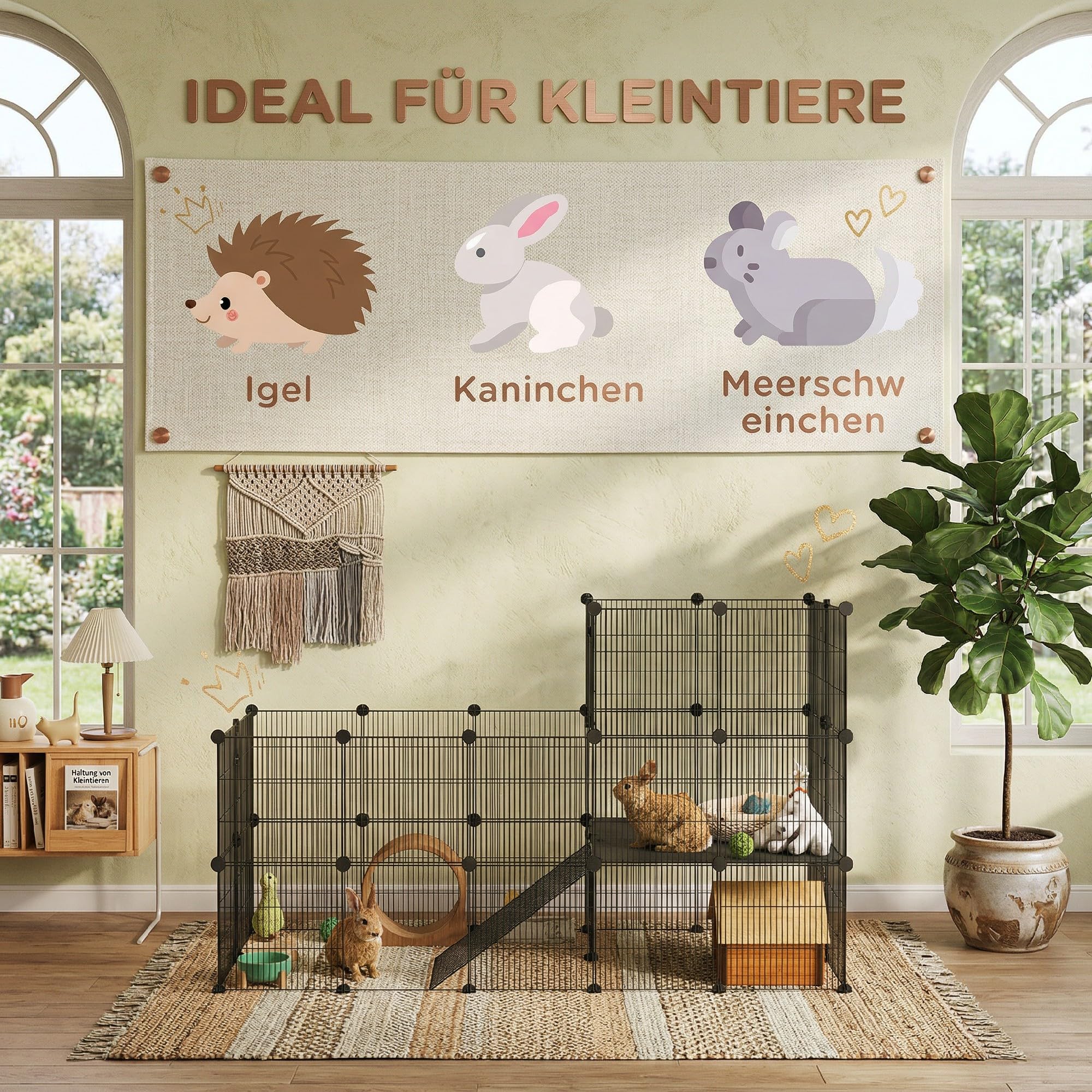 PawHut Freigehege Kleintiergehege mit Gitter 140 x 70 x 105 cm Schwarz | Mit Rampe, Kleintierkäfig Gehege, Meerschweinchen Gehege, für Hamster und Kaninchen