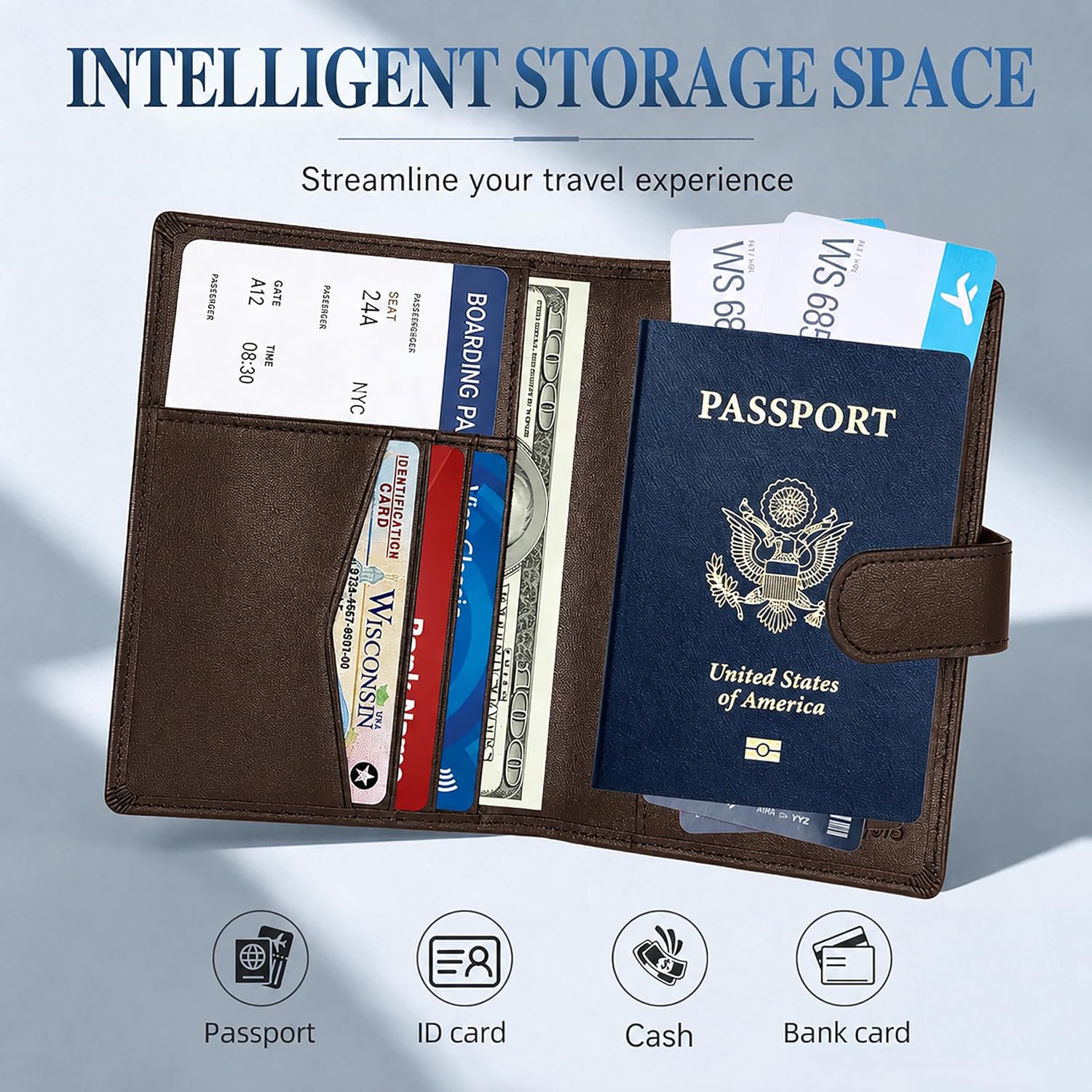 Leather Passport Holder for Travel with AirTag Pocket, RFID | Slim passport wallet with hidden AirTag slot, RFID blocking, card slots, and travel document storage for men and women.
