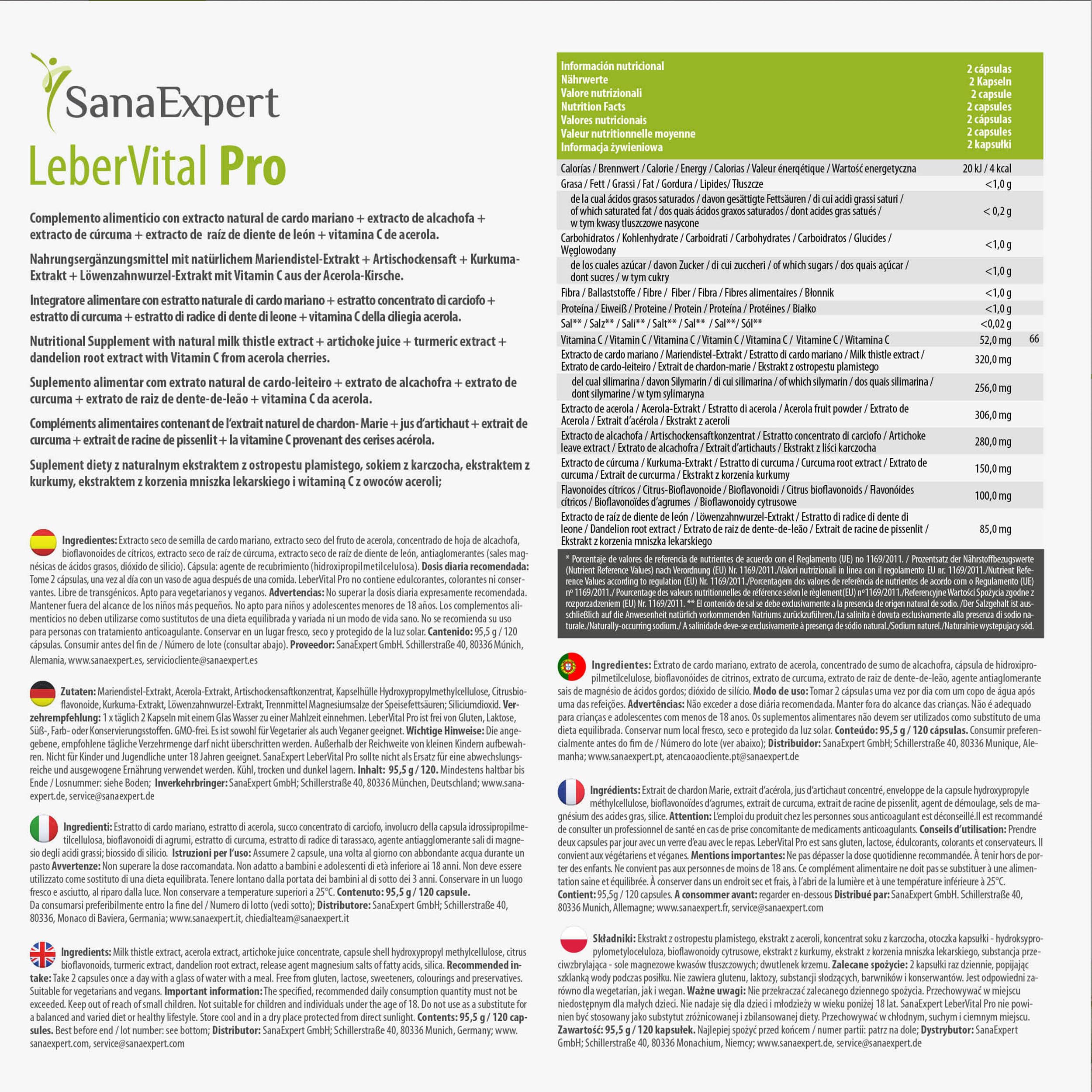 SanaExpert LeberVital Pro | Chardon-Marie titré à 70% de silymarine, Curcuma, Artichaut, Pissenlit & Vitamine C (acérola) | 120 gélules vegan, sans gluten ni lactose | Fabriqué en Allemagne