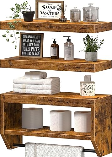 QEEIG Estantes flotantes de baño para pared, estante sobre papel higiénico de 16 pulgadas, juego de 3, marrón rústico (028-40BN3)