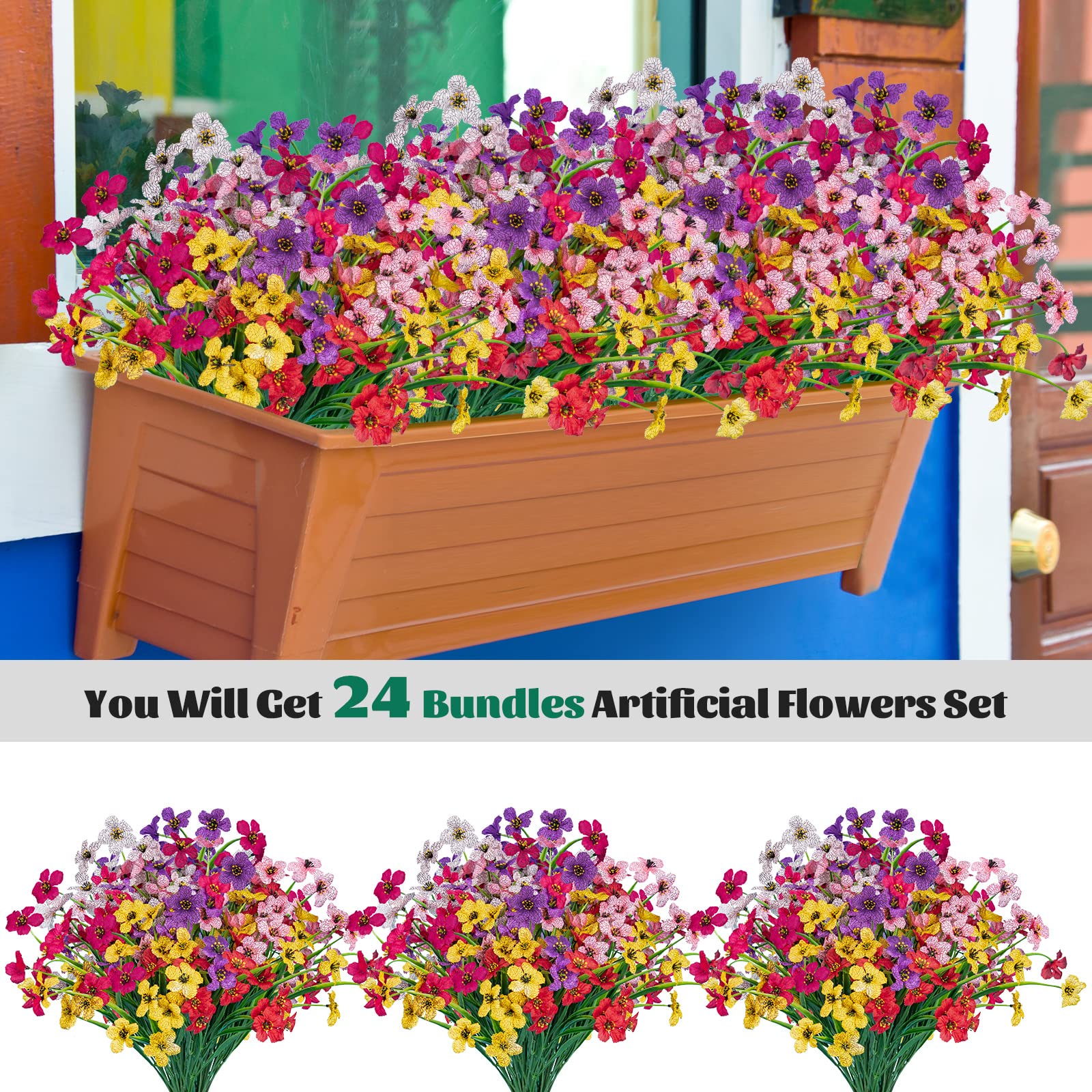 Lnoicy 24 Fiori Artificiali Per Esterni In Plastica PE - Decorazione UV Resistant Per Giardino, Balcone, Matrimonio - Colore Blu