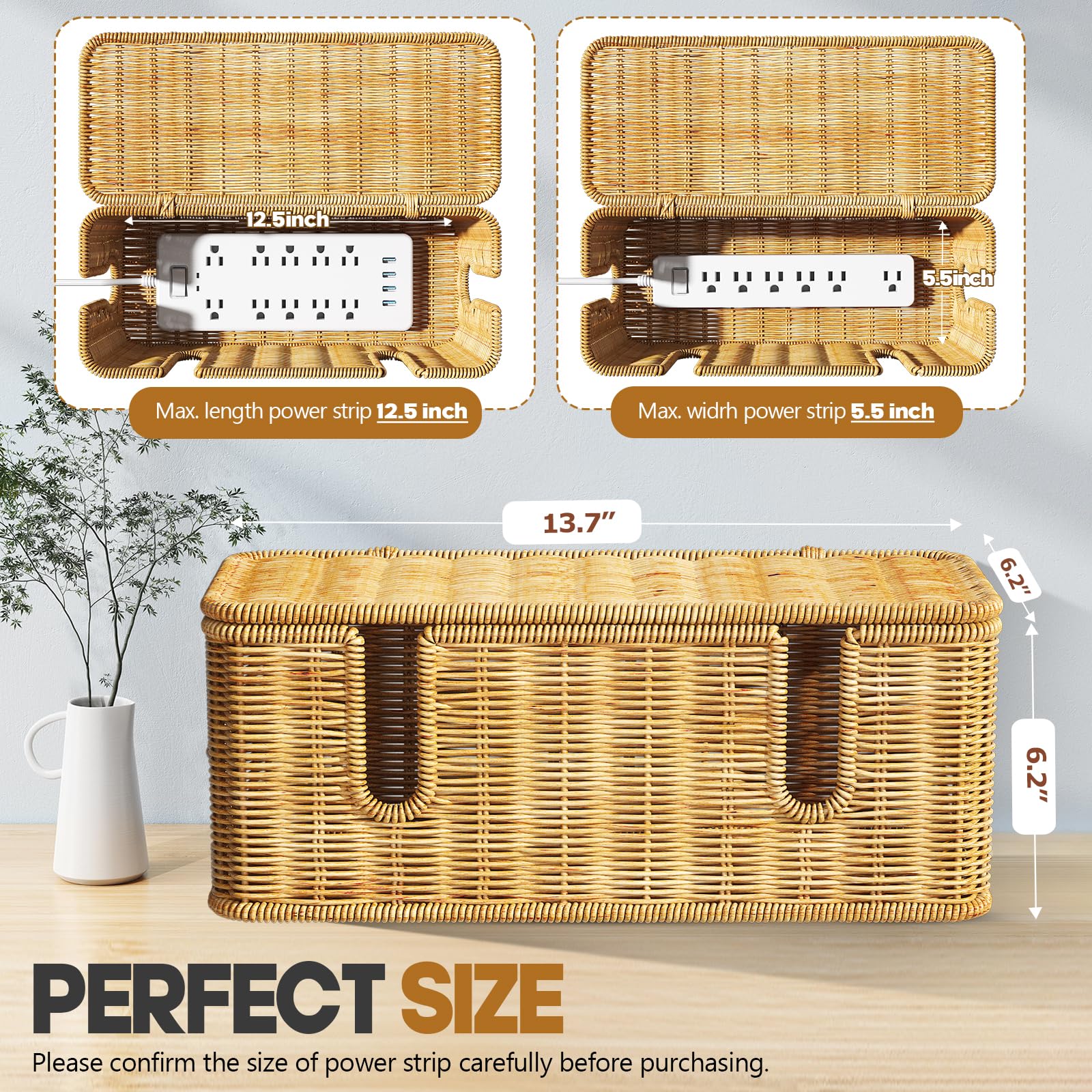 Zourih 1 Pack Cable Management Box,2 Open Slots Cord Organizer Hider Box With Lid,2 Pack Handwoven Imitation Rattan Cable Organizer Box For TV Wire