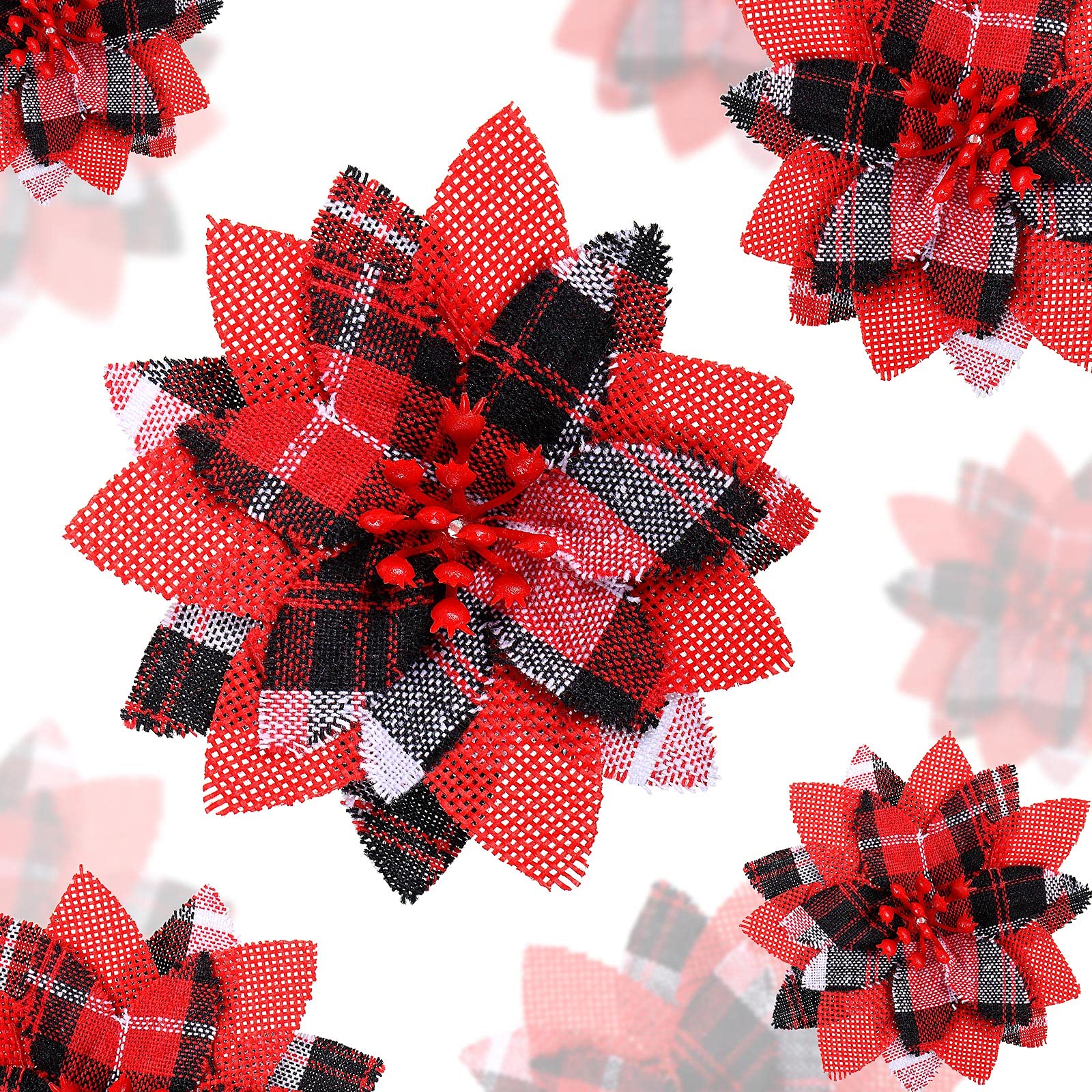 Red and Black Plaid Poinsettia Christmas Tree Ornaments Plaid Poinsettia Flower Faux Christmas Flower Decoration Xmas Flower Christmas Tree Wreaths with Clip for Christmas, 3 Sizes (24)
