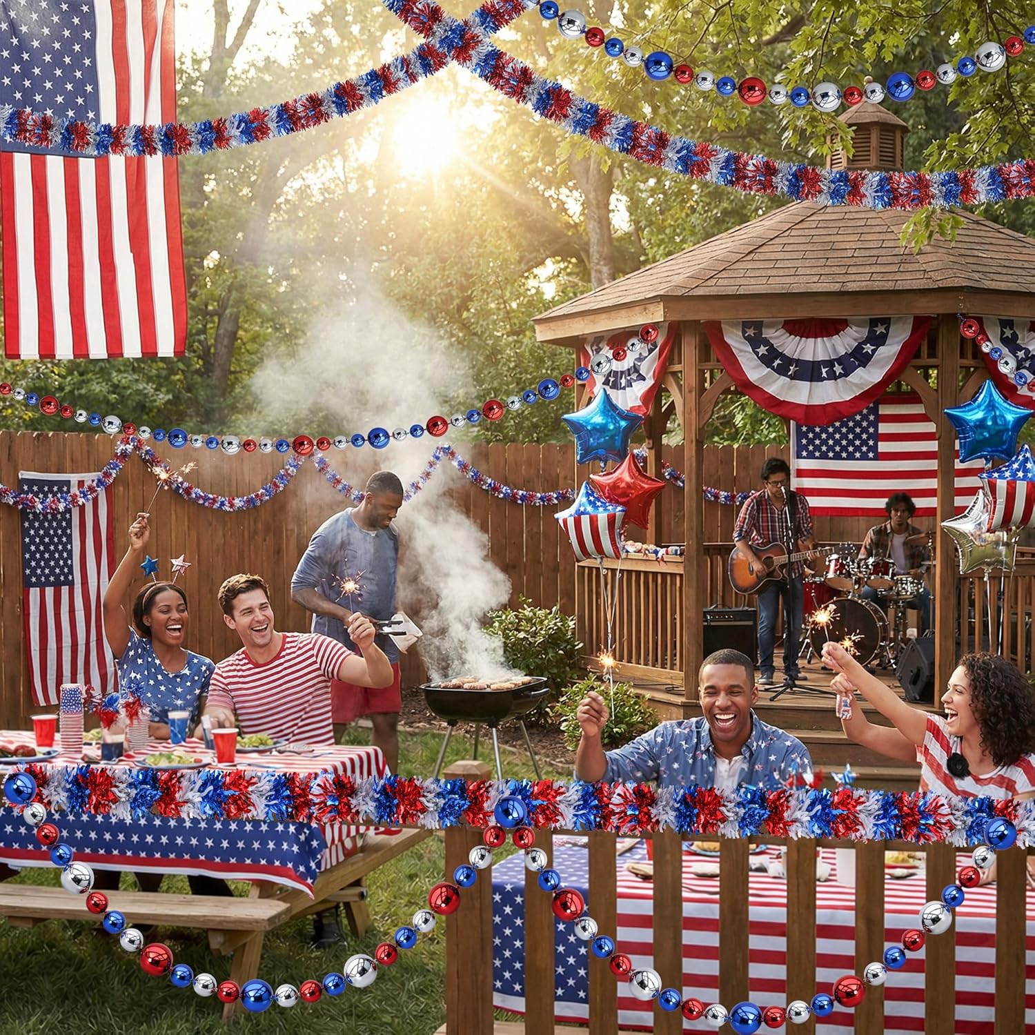 3 Pcs Jumbo 4th of July Beads Garlands Decoration, 23 Ft Patriotic Red White Blue Bead Ball Tinsel Garland, Independence Day Bead Ornament Metallic Hanging Garlands for 250th Anniversary Memorial Day