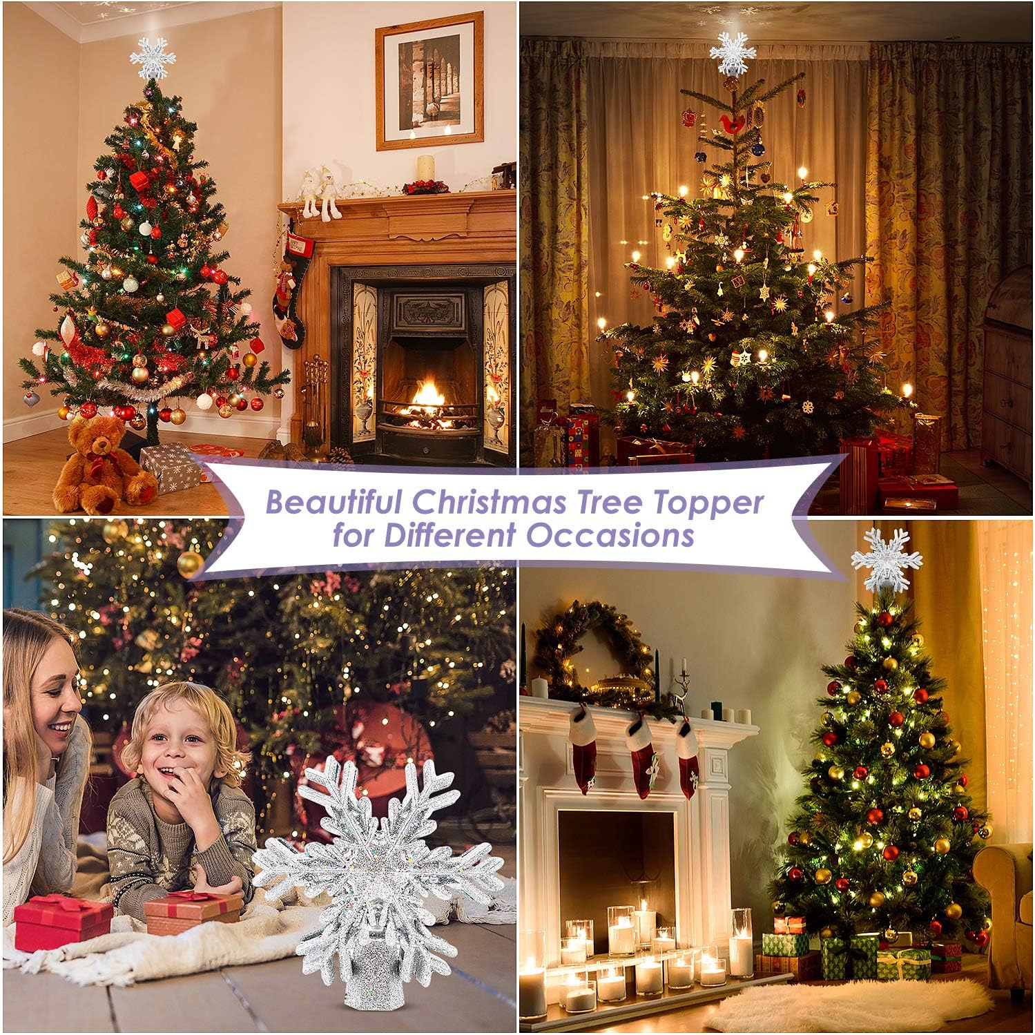 Christmas Tree Topper Lighted with Snowflake Projector, LED Magic Rotating Snowflake, 3D Glitter Lighted Sliver Snow Tree Topper for Christmas Tree Decorations