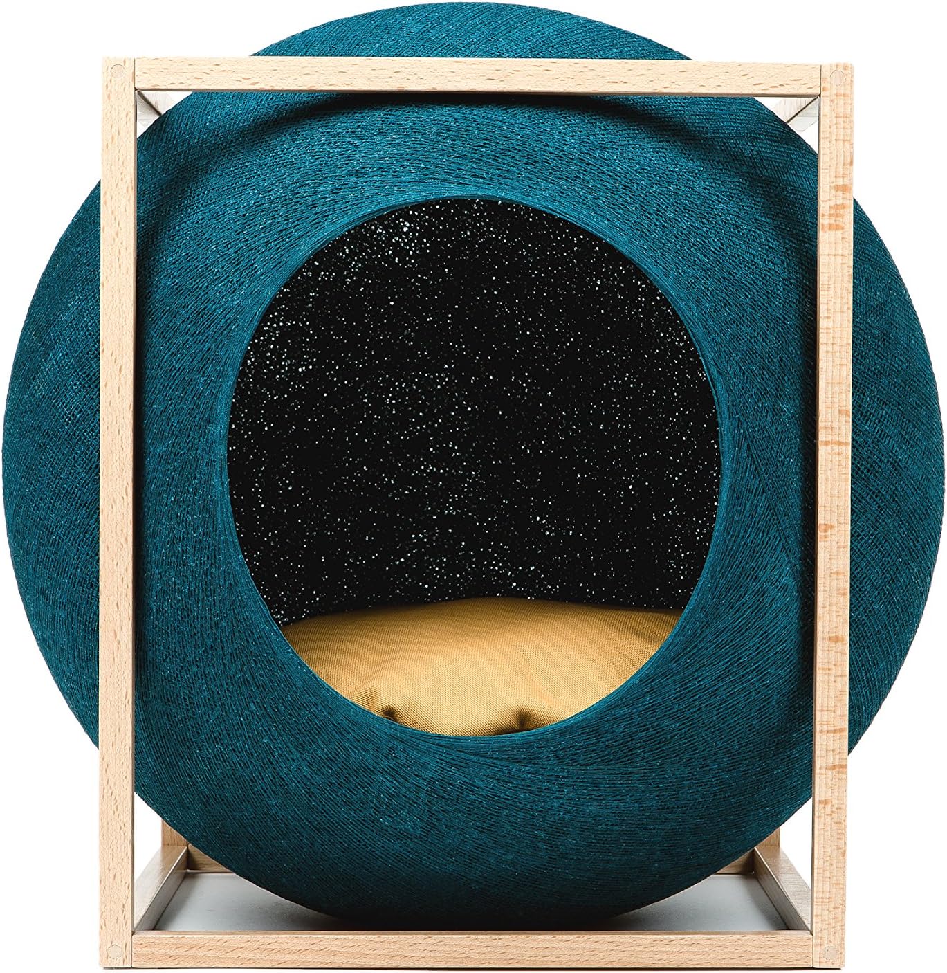 Meyou Paris - The CUBE PEACOCK WOOD EDITION. Bed, cozy shelter and claw scratcher - Peacock cocoon/camel pillow/solid beech mat varnish frame