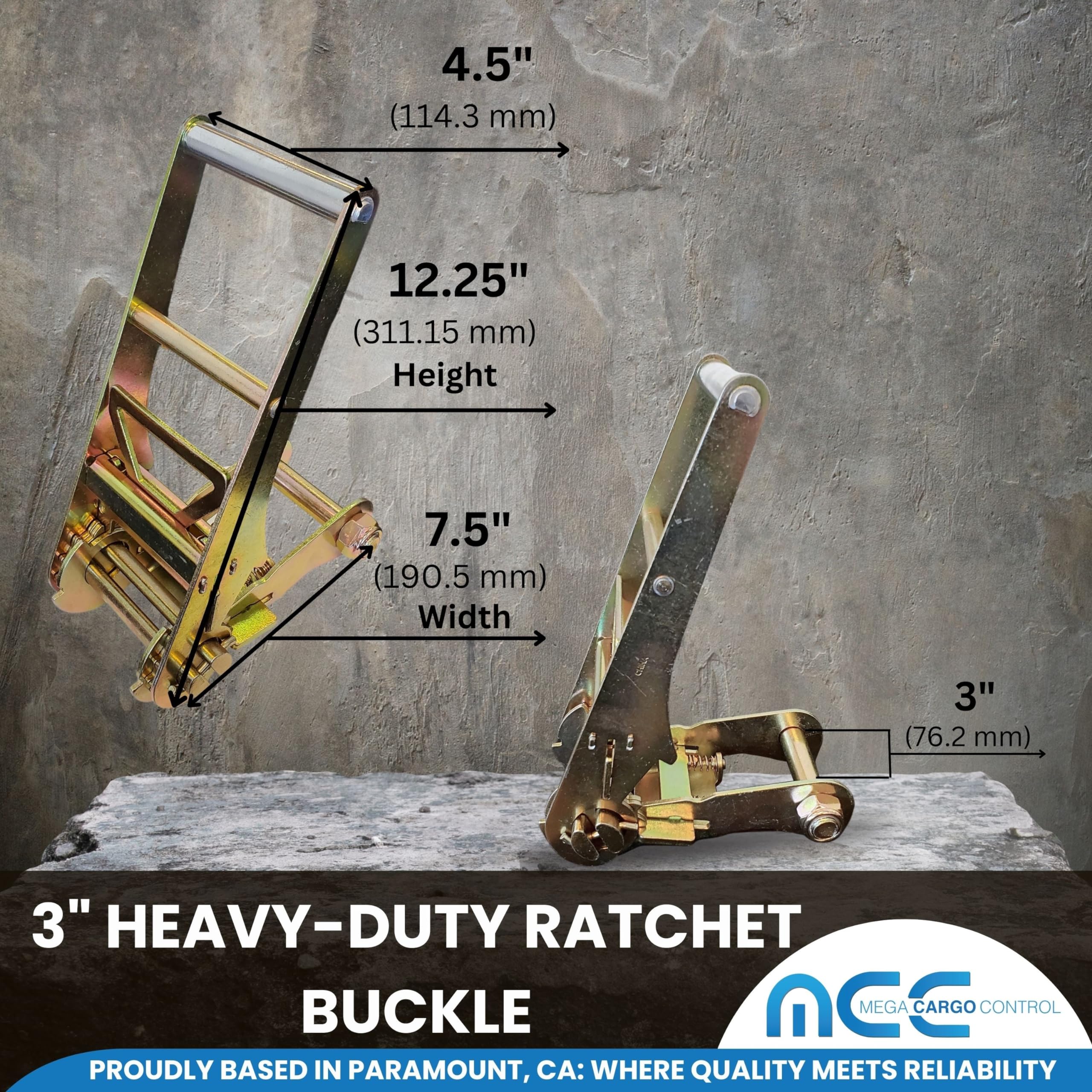 Mega Cargo Control Pasek mocujący z grzechotką 7,6 cm x 30' z przedłużkami łańcuchowymi i hakami widełkowymi do przyczepy, platformy i ciężarówki WLL: 2,4 kg (1 opakowanie)