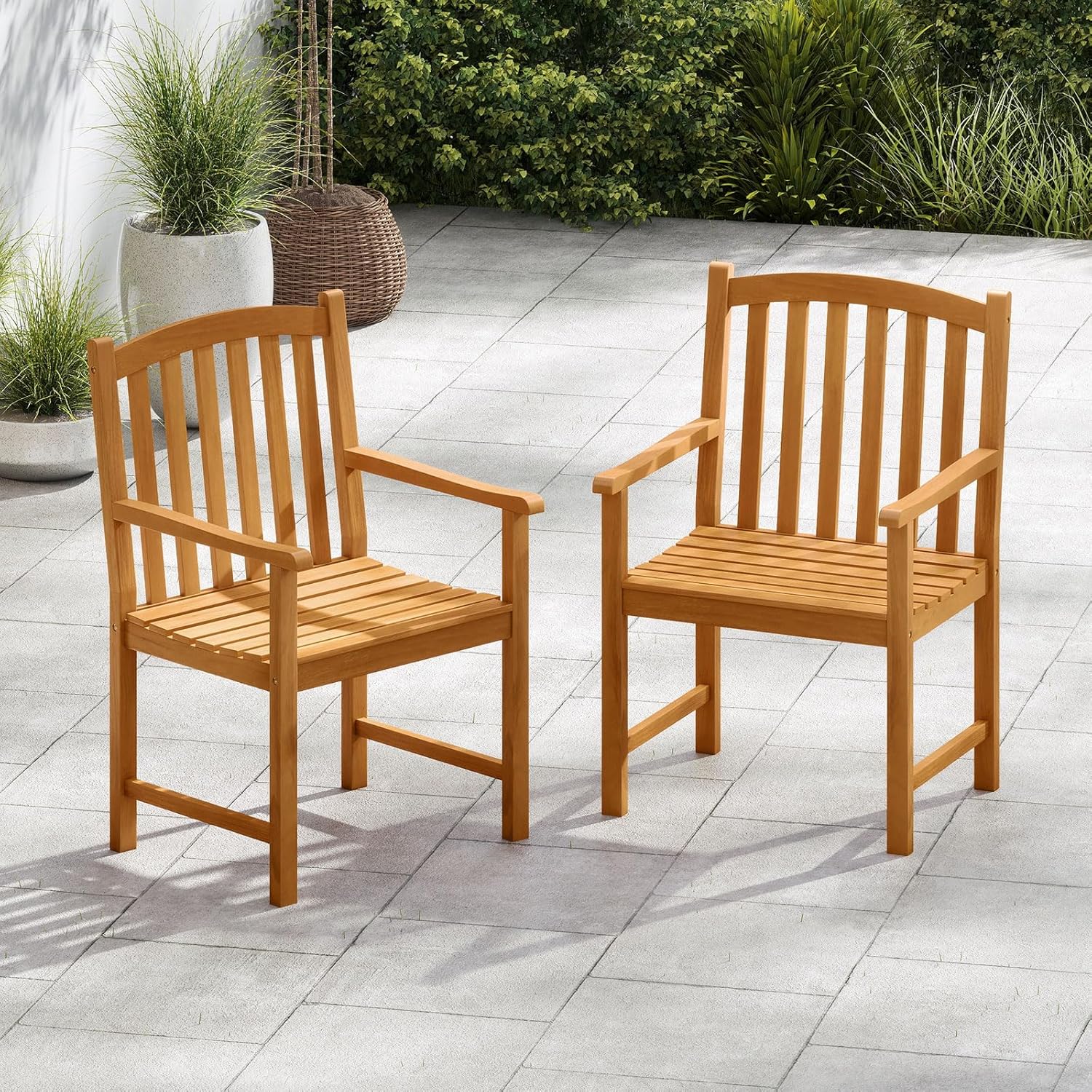 Tangkula Acacia Wood Patio Dining Chairs Set of 2, Heavy Duty Outdoor Armchairs with Inclined Slatted Backrest & Seat, Outside Chairs for Backyard, Poolside, Porch, Yard, Balcony, Natural