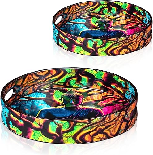 Miniatura 8 de Crocon Bandejas decorativas redondas para servir para mesa de café, desayuno, Buda, juego de 2 portavelas, centros de mesa multiusos para comedor,