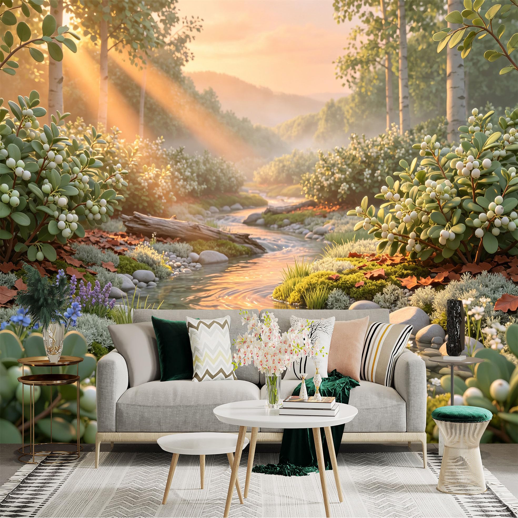 Lnzczhyre Bh260719481 Custom Size Wall Sticker Mural， Serene Forest Creek， Sunlit Woodland Stream， White Berries And Wildflowers， For Wall Decoration， Peelandstick Wall Decals.
