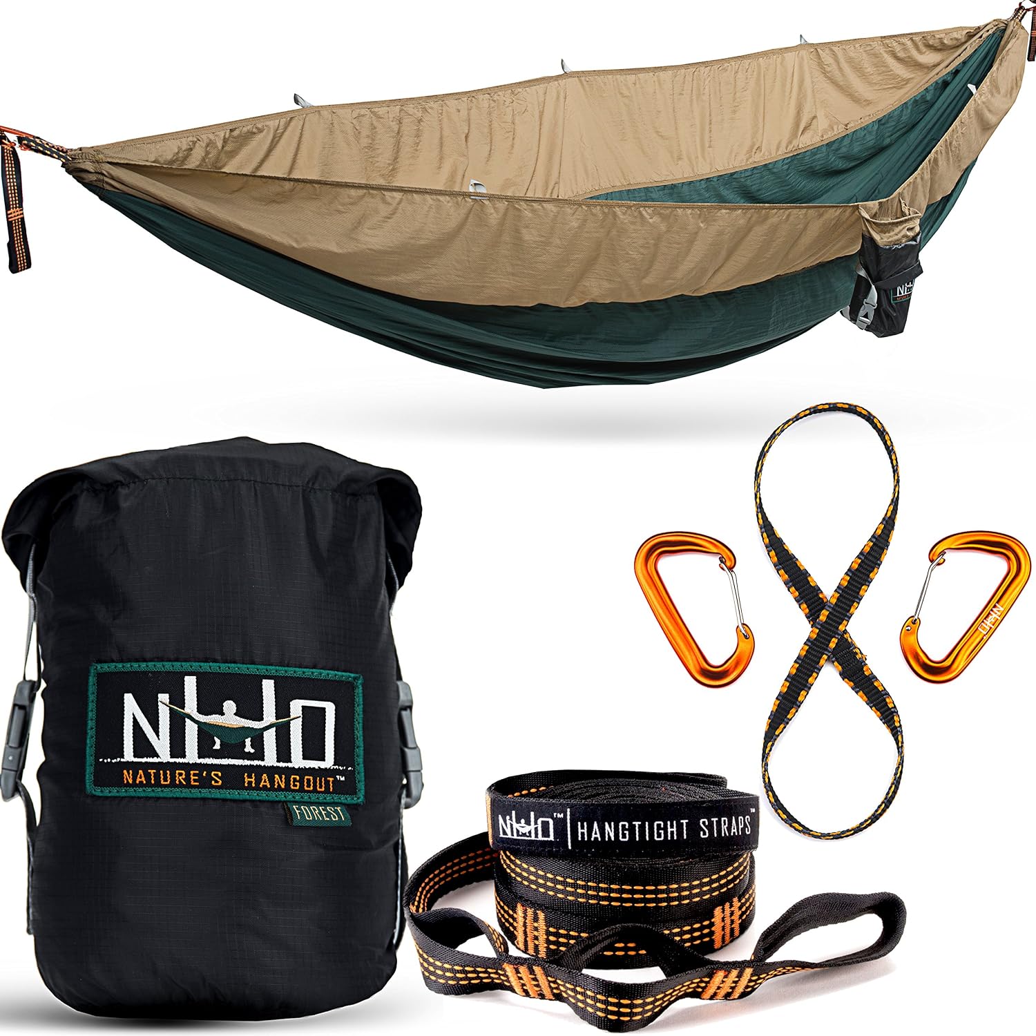 Double Camping Hammock - Portable Two Person Parachute Hammock for Outdoor Hanging. Heavy Duty & Lightweight, Best for Backpacking & Travel. Forest Edition (Green/Khaki)
