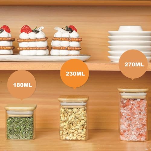 Image of Glass Storage square Containers with Lids Glass Jars with Lids,230 ml Clear Food Canister, Pantry jar set of 12(12, SQUARE BAMBOO LID GLASS JAR 230 ml-)