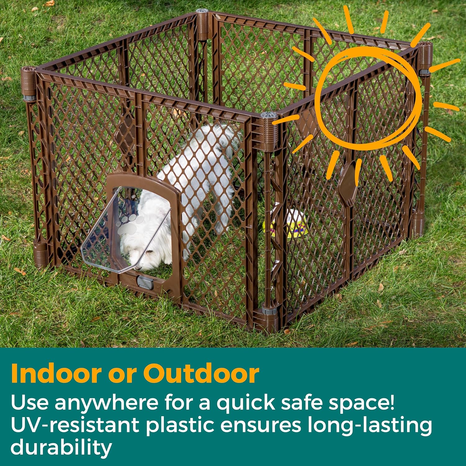 MyPet North States Petyard Passage: 4-Panel Folding Dog Playpen Indoor or Outdoor. 7 sq. ft. Puppy Playpen, Lockable Pet Door. Freestanding Play Pen Dog Gate. Made in USA. 26" Tall, Brown