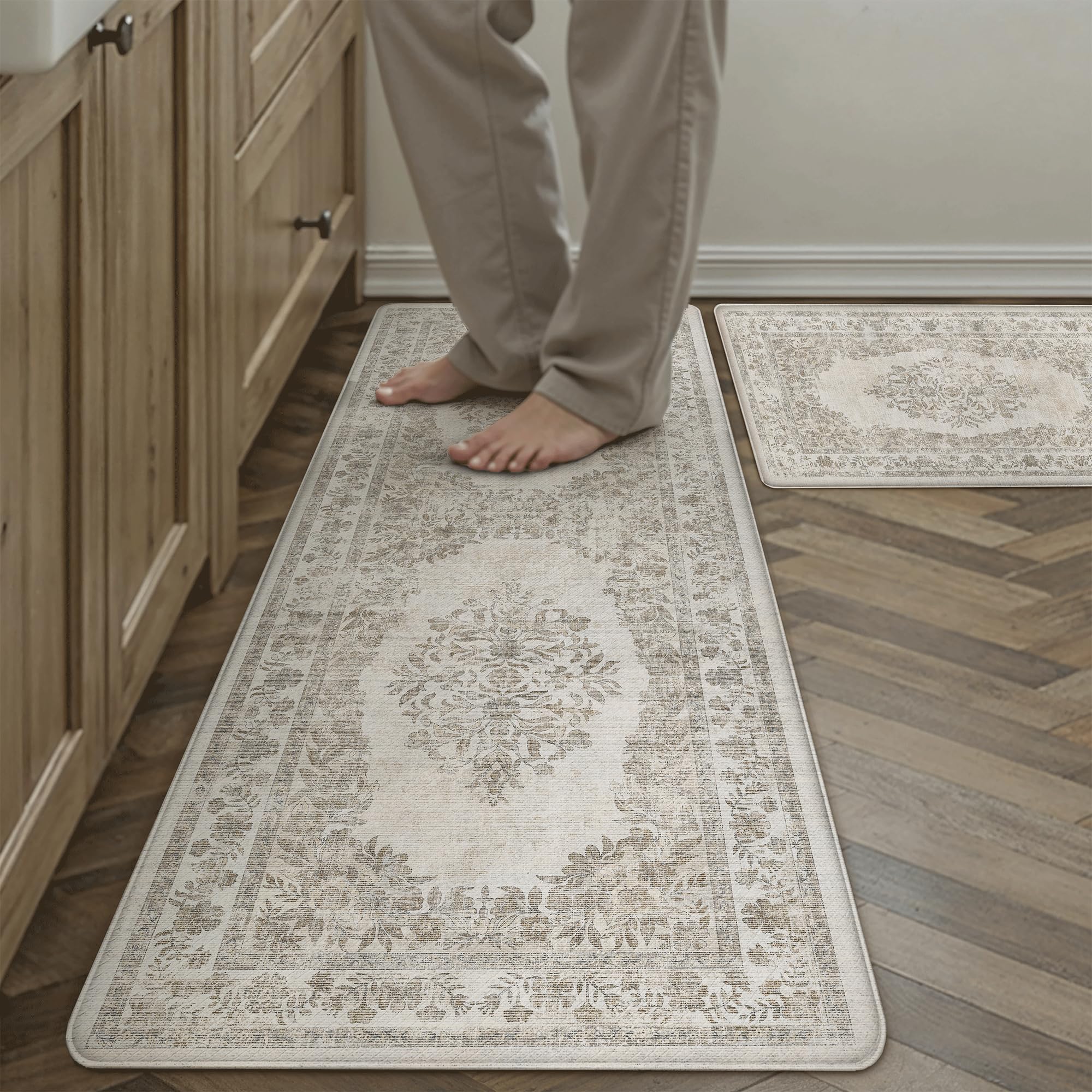 Kitchen Mats 2PCS Anti Fatigue Cushioned Mat Beige Vintage Kitchen Mats for Floor Waterproof Non Slip Comfort Standing Oriental Medallion Rug for Sink Laundry Office 17.3"x47"+17.3"x30" — view 18