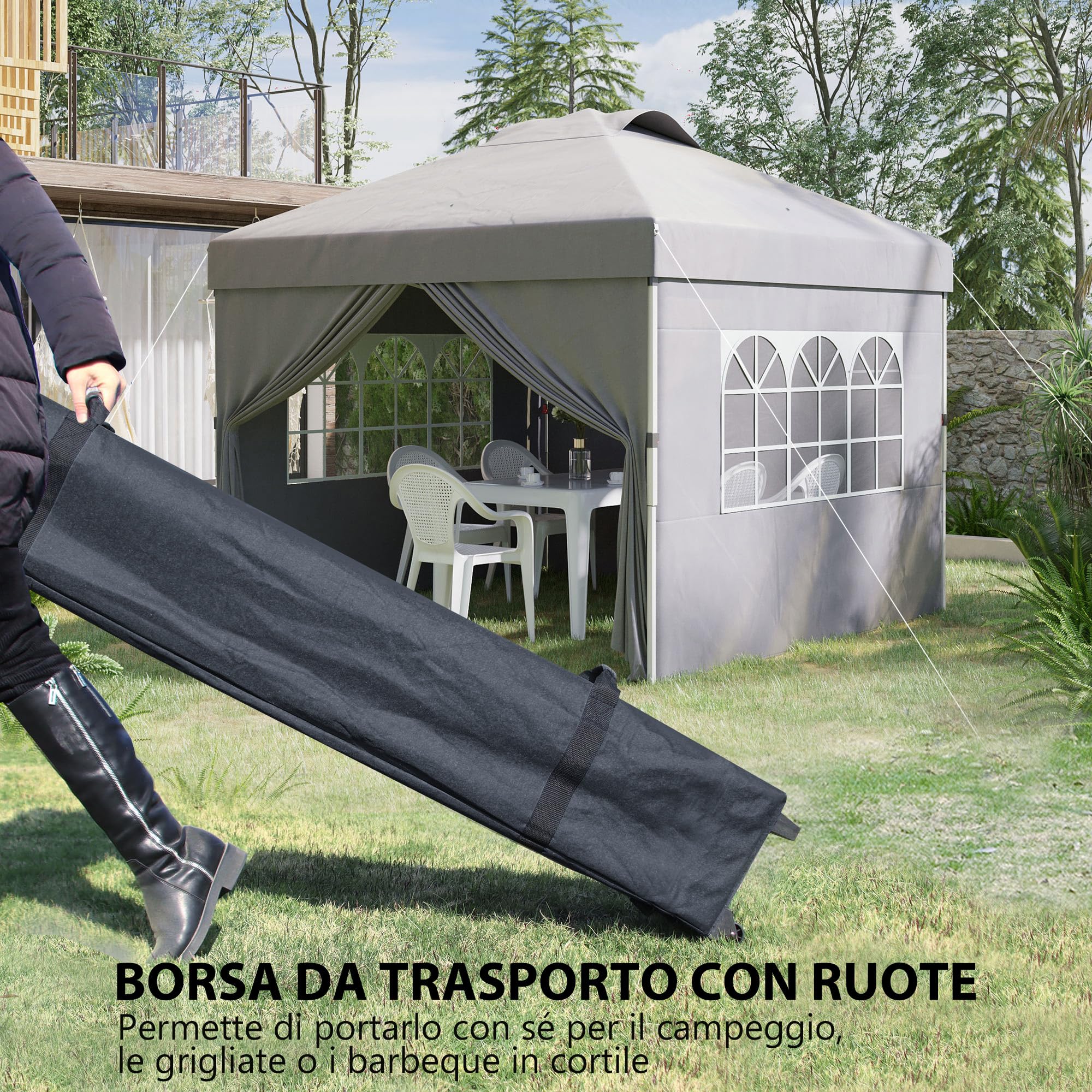 Outsunny Gazebo Pieghevole 3x3 m Pop Up Altezza Regolabile Grigio Chiaro | Porta, 2 Finestre, Borsa da Trasporto, Gazebo da Esterno, Acciaio Oxford, UV30+, Giardino, Feste, Campeggio
