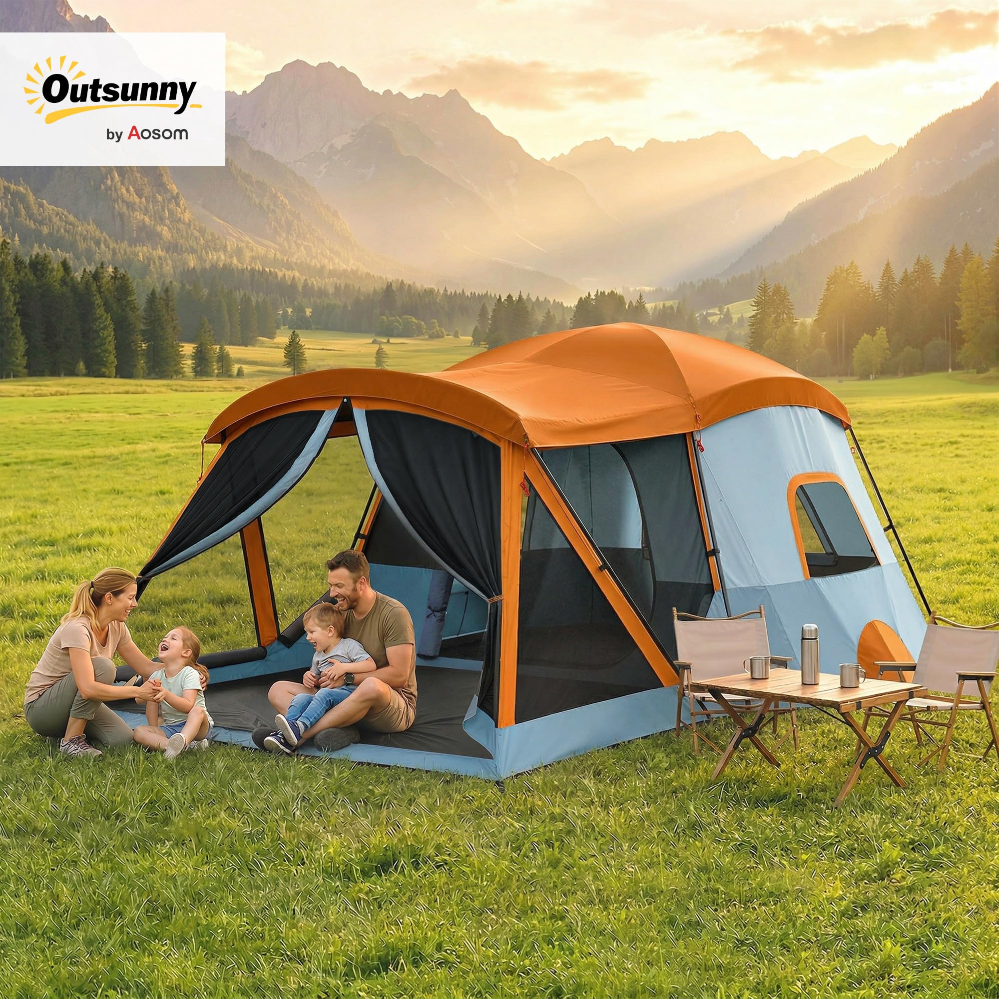 Outsunny Tienda de Campaña Familiar para 4 Personas Tienda Camping Plegable Tipo Túnel con 2 Habitaciones Puertas Ventanas Tragaluces Bolsa y Gancho Impermeable 3000 mm Fácil Montaje para Senderismo