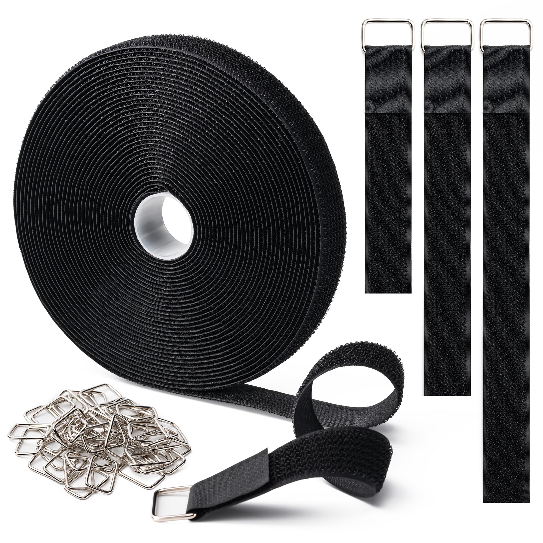 1" x16Ft Hook and Loop Straps with 25 Metal Buckles, Adjustable Fastening Cable Straps, Free Cut Length, Reusable Nylon Cable Ties for Organizer or