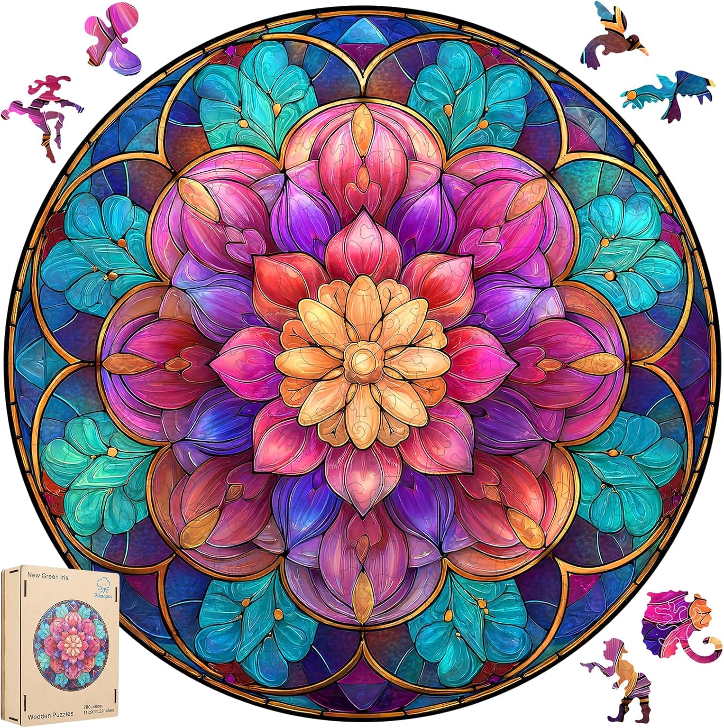 Pikoqunc Mandala Wooden Puzzles for Adults,463 Pcs Unique Shape Jigsaw Puzzle, Mindfulness Yoga Gift for Women, Relaxing Stress Relief Game, Fun Challenge Family Game (16.5"x16.5")