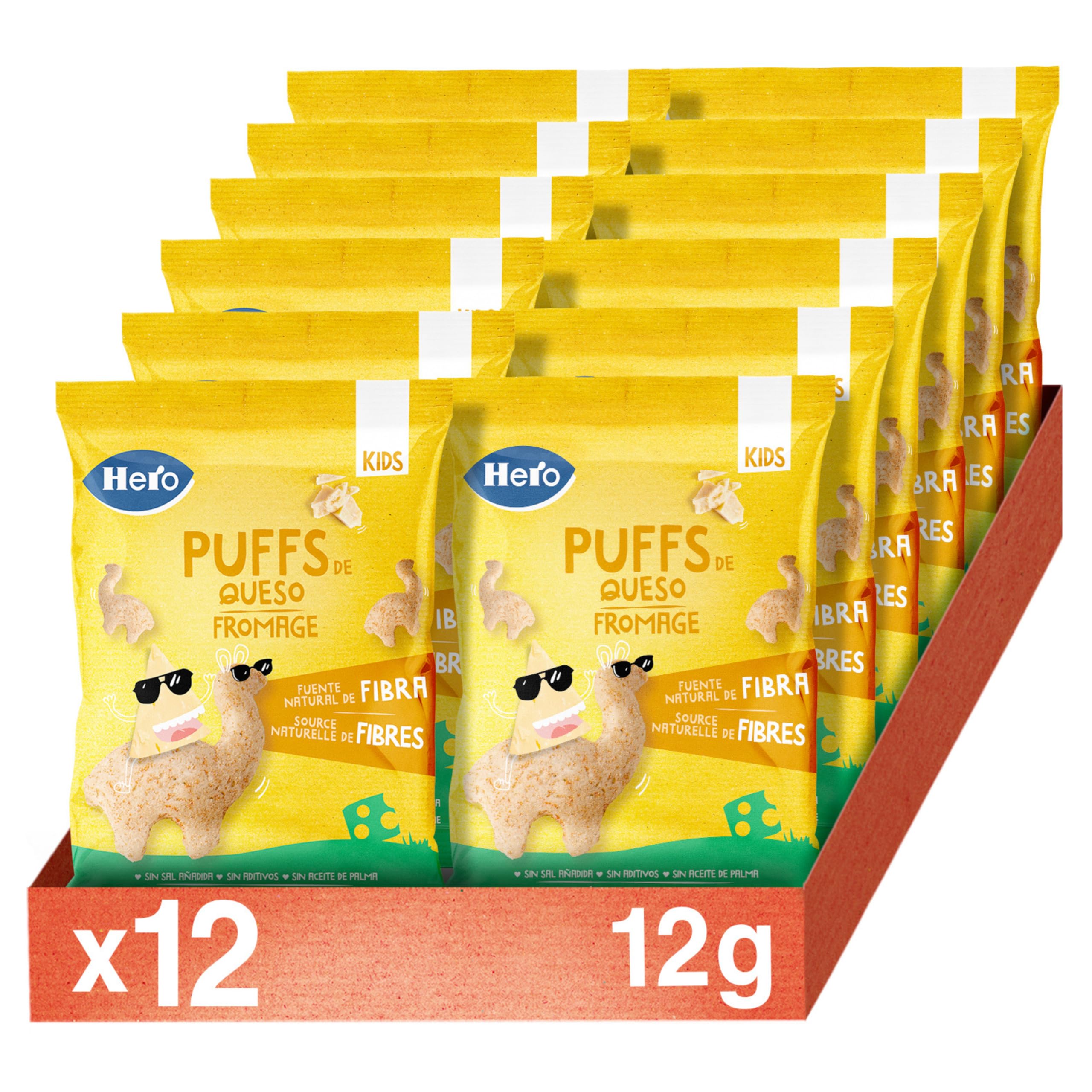Hero Kids - Puff Snack de Fromage, Ingrédients 100% Naturel, Source Naturelles de Fibres, Sans sel ajoutés, Sans Huile de Palme, Sans Additifs, Snack pour enfants, Pack de 12 x 12g