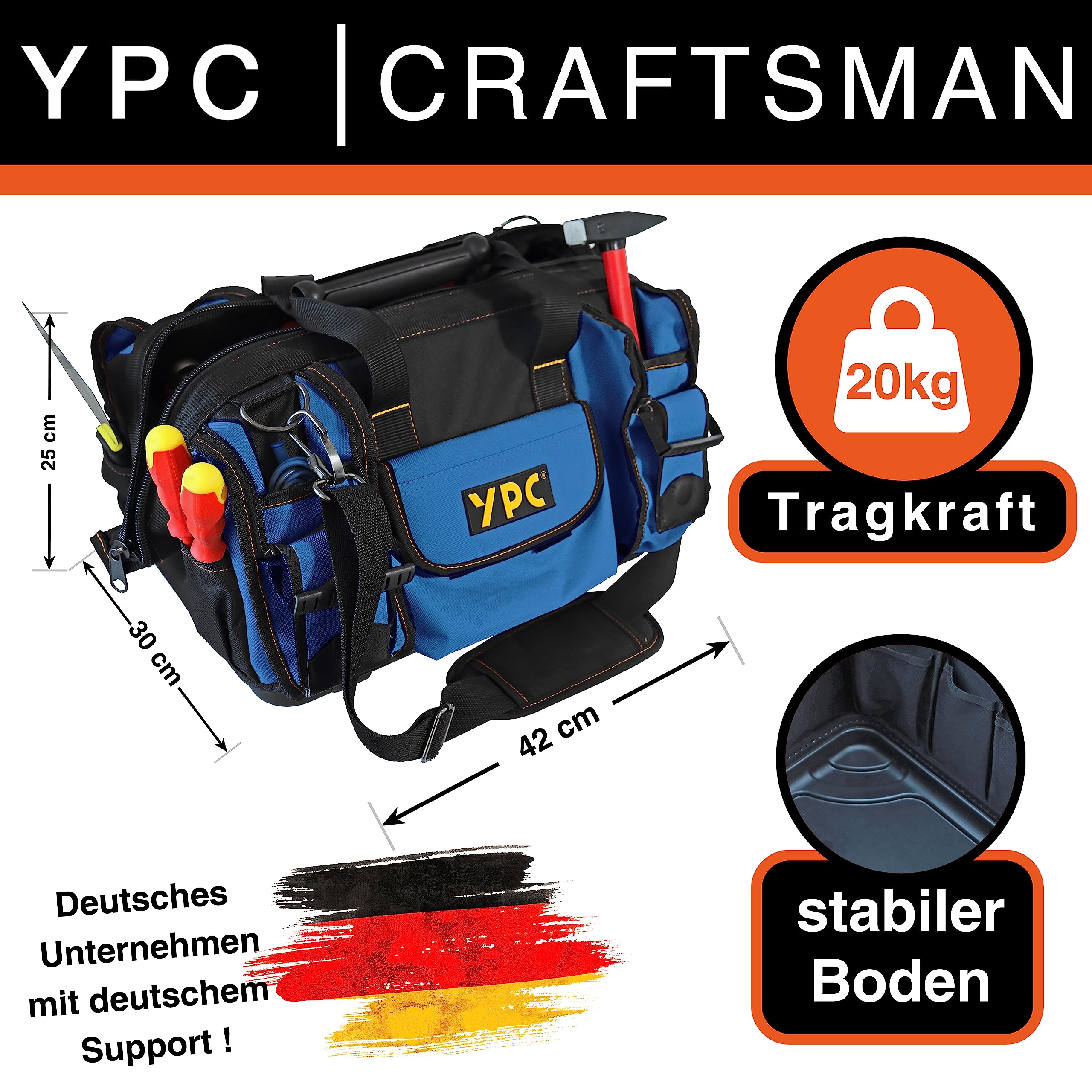 YPC Profi Werkzeugtasche leer XXL – 42x30x25cm große Tasche mit stabilem Boden, Wasserfest, Tragegriff & verstellbarer Schultergurt, Arbeitstasche, Reisetasche, Tool Bag für Werkzeug – 20 kg Tragkraft