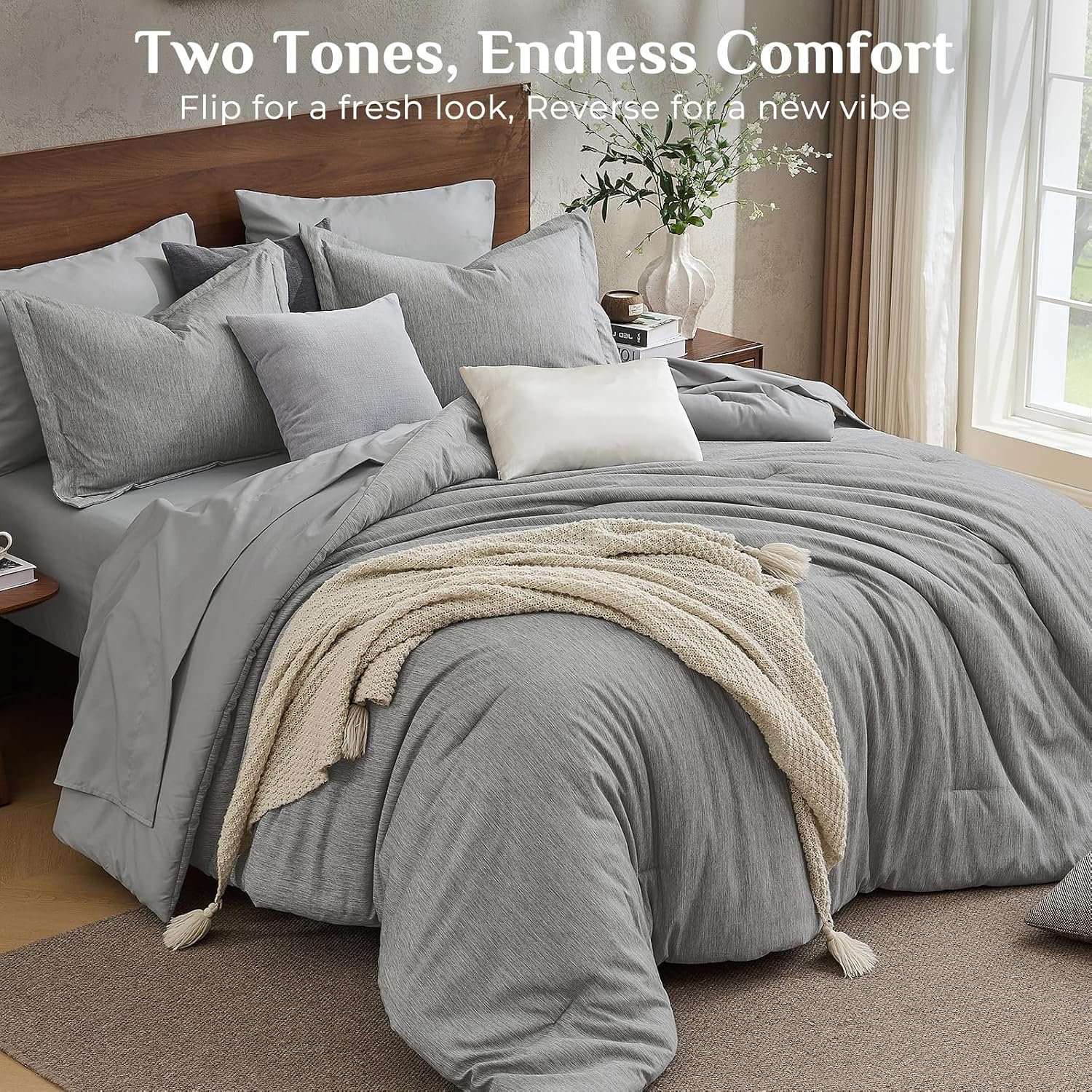JOLLYVOGUE Grey King Comforter Set, Cationic Dyeing Bed in a Bag King 7 Pieces, Double-Tone Bedding Set with Down Alternative Comforter, Sheets, Pillowcases & Shams image 4