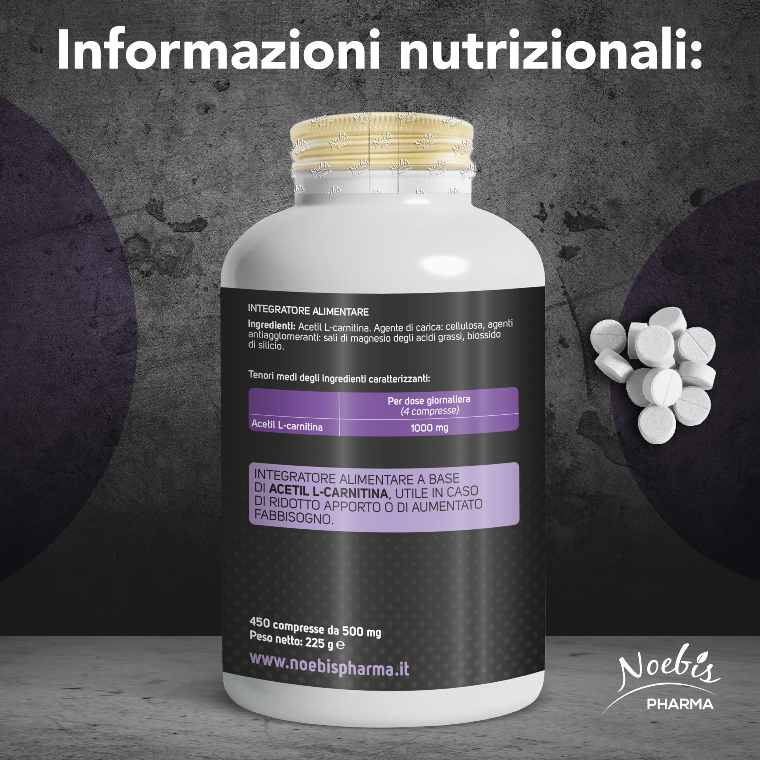 Acetil L-Carnitina Noebis Pharma - 1000 mg per Dose Giornaliera - 450 Compresse - Energia e Vitalità - Maxi Formato