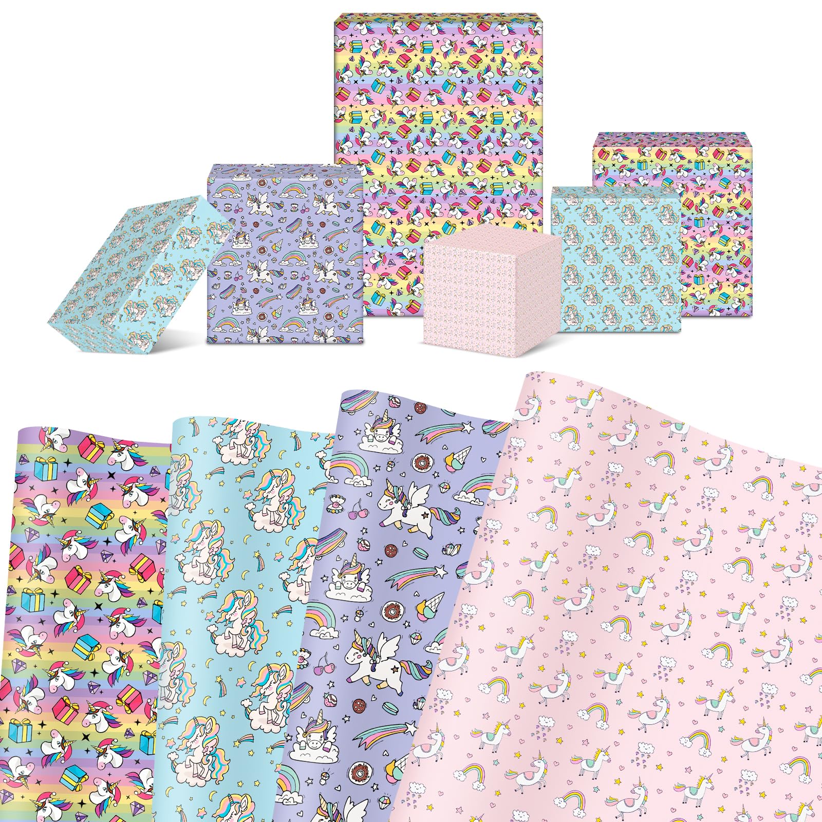 Unicorn Wrapping Paper, 8Pcs Unicorn Birthday Wrapping Papers 50 X 70cm, Perfect for Girls Women Birthday Party Gift Decoration (4 Patterns Mixed)