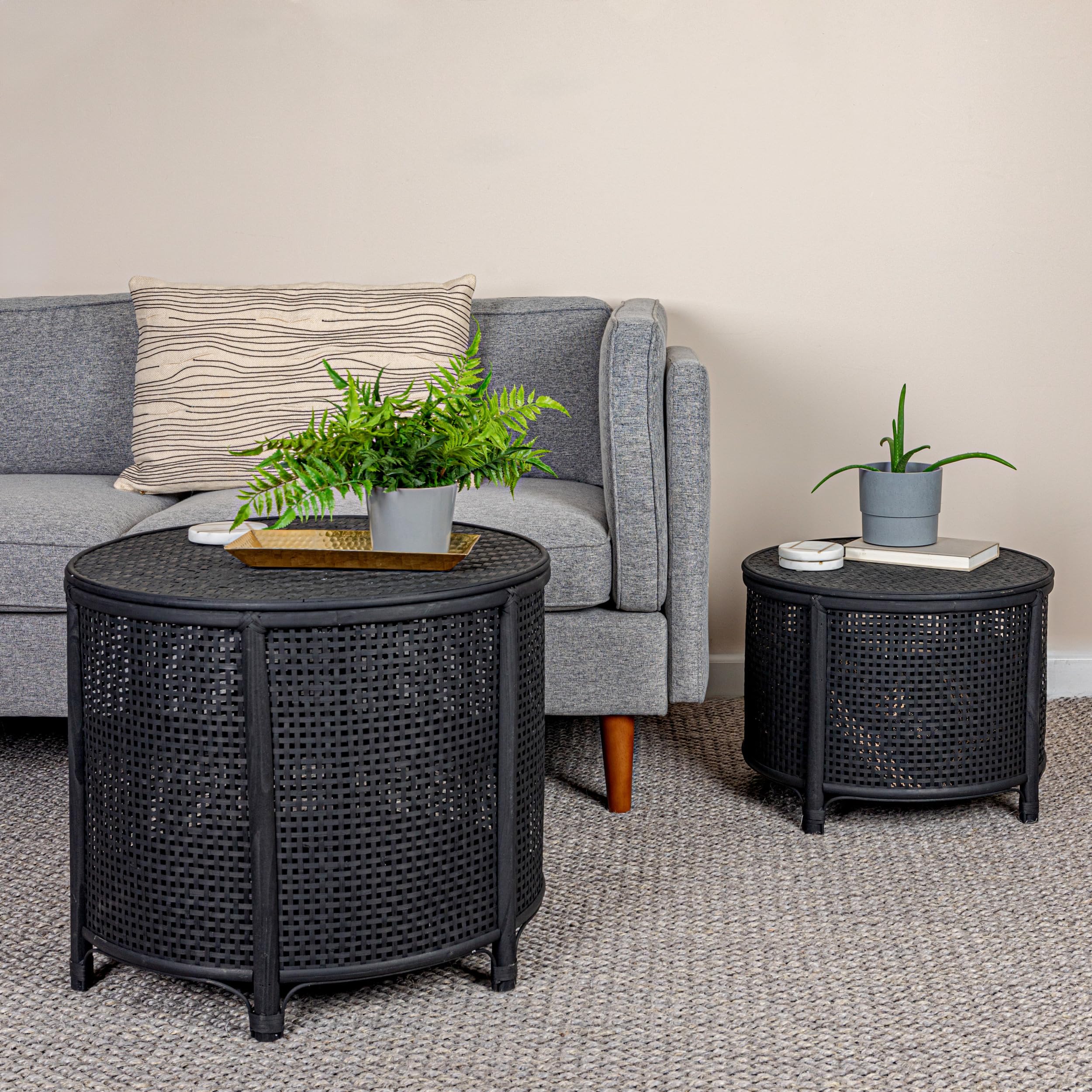 Creative Co-Op Round Bamboo and Rattan Accent Storage Table, Black
