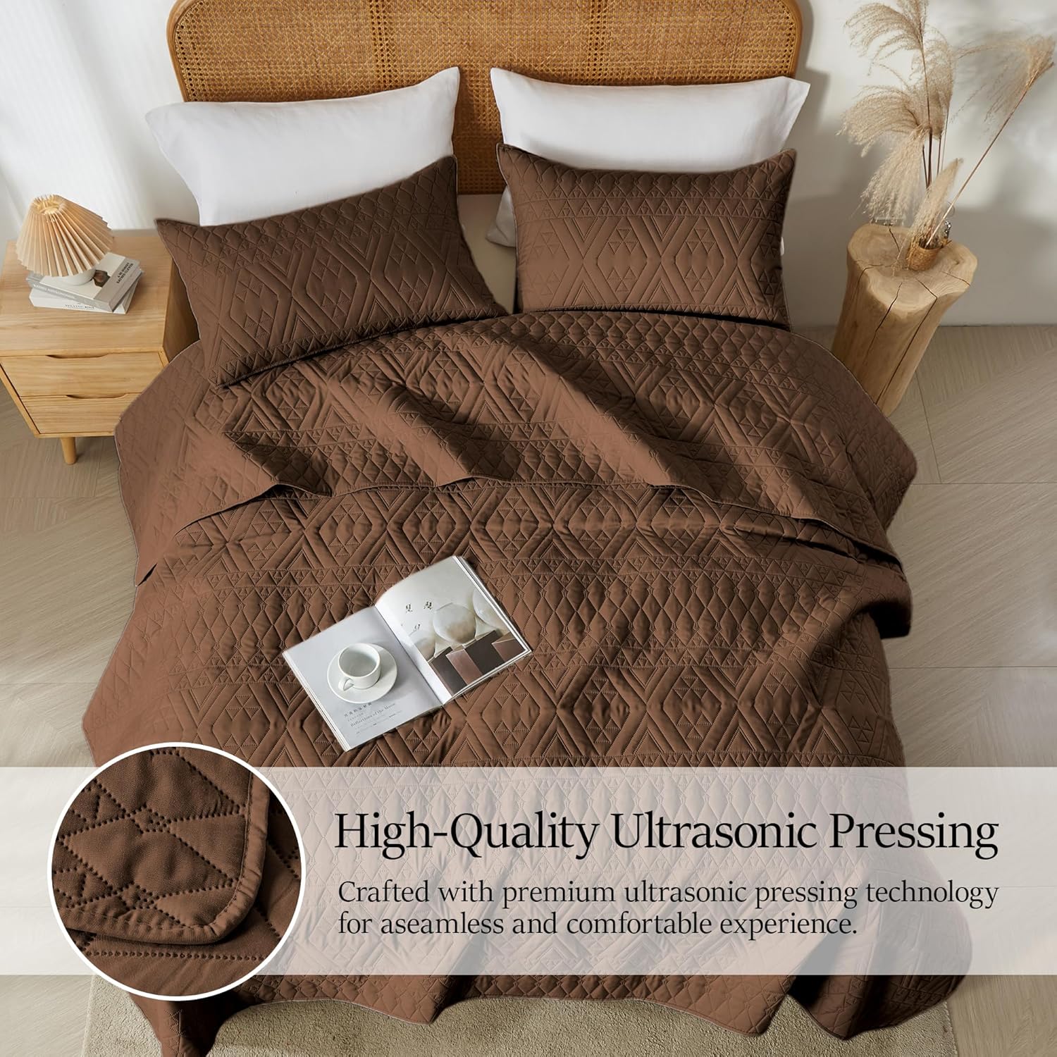 akkialla King/Cal King Size Quilt Bedding Set,Brown Lightweight Microfiber Soft Bedspread,Modern Style Geometric Pattern Coverlet Set for All Seasons,3 Piece(1 Quilt,2 Pillow Shams) - Image 5