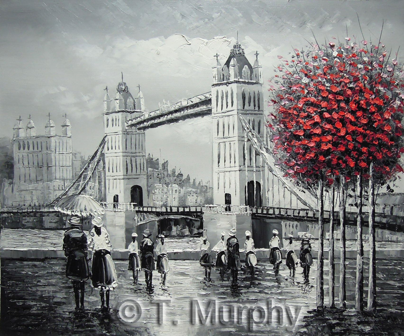 Rflkt London street scene with Tower Bridge by the river Thames. Fine Art oil on canvas painting and craftsmanship, hand made wall art