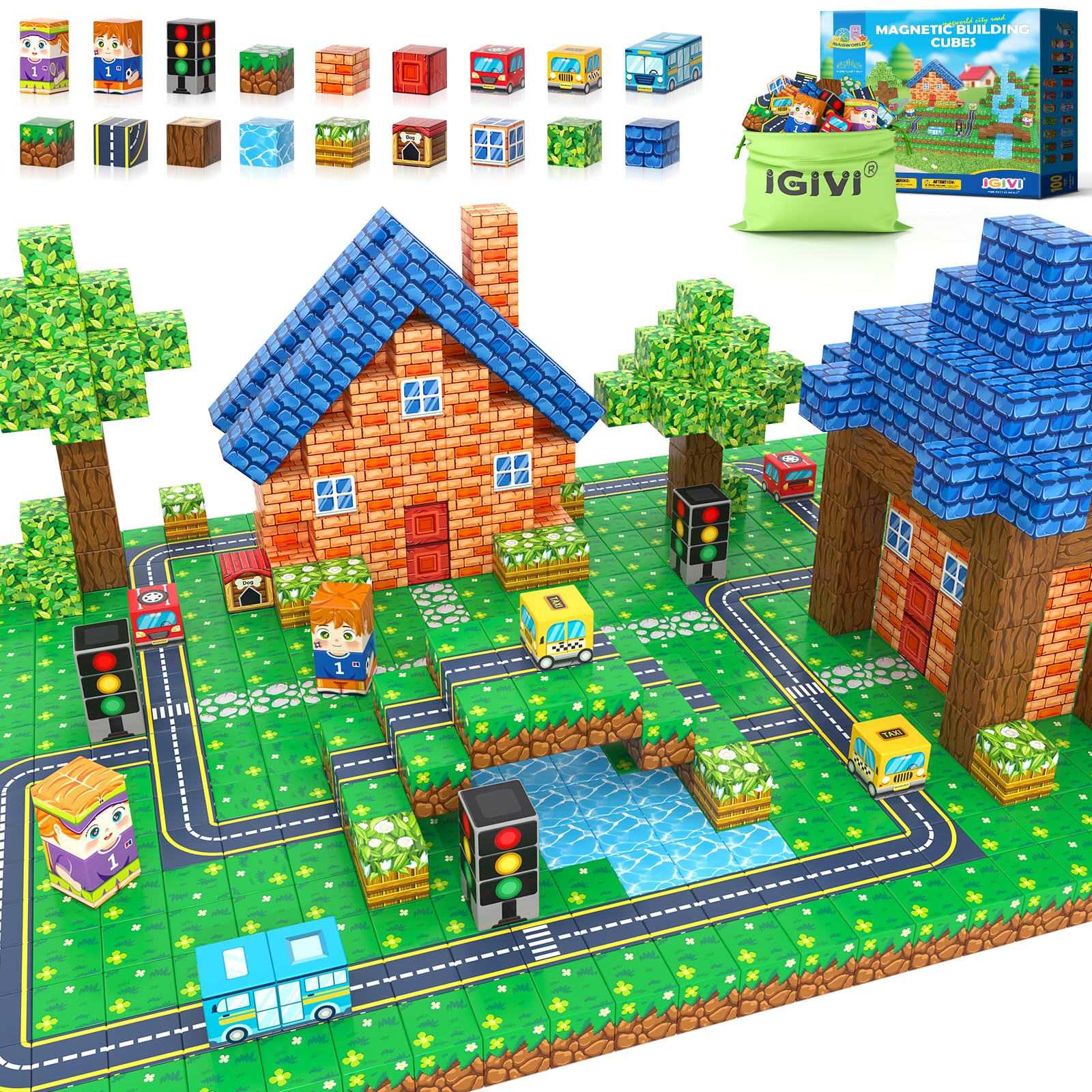 100PCS Magnetic Blocks - Build Mine Magnet World Road Set, Magnet Building Blocks Toddler Toys Creative Kids Games, STEM Sensory Toys for Kids 3+, 1''