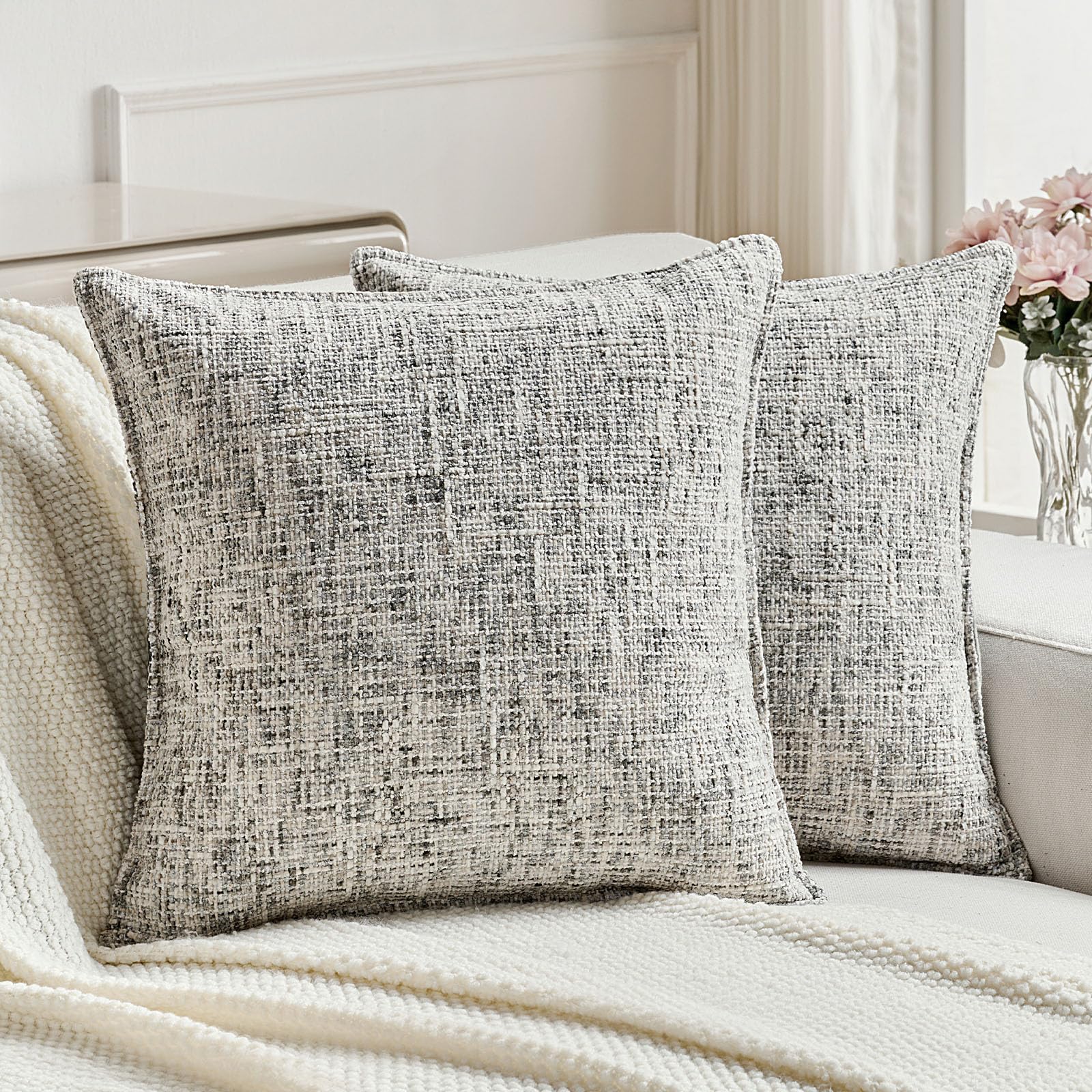 FUTEI Set of 2 Soft Tweed Chenille 45x45 cm Cushion Covers Farmhouse Micro-Check Textured Scatter Pillow Covers 45 x 45 cm Vintage Accent for Sofa Bed Living Room, Black — image 1