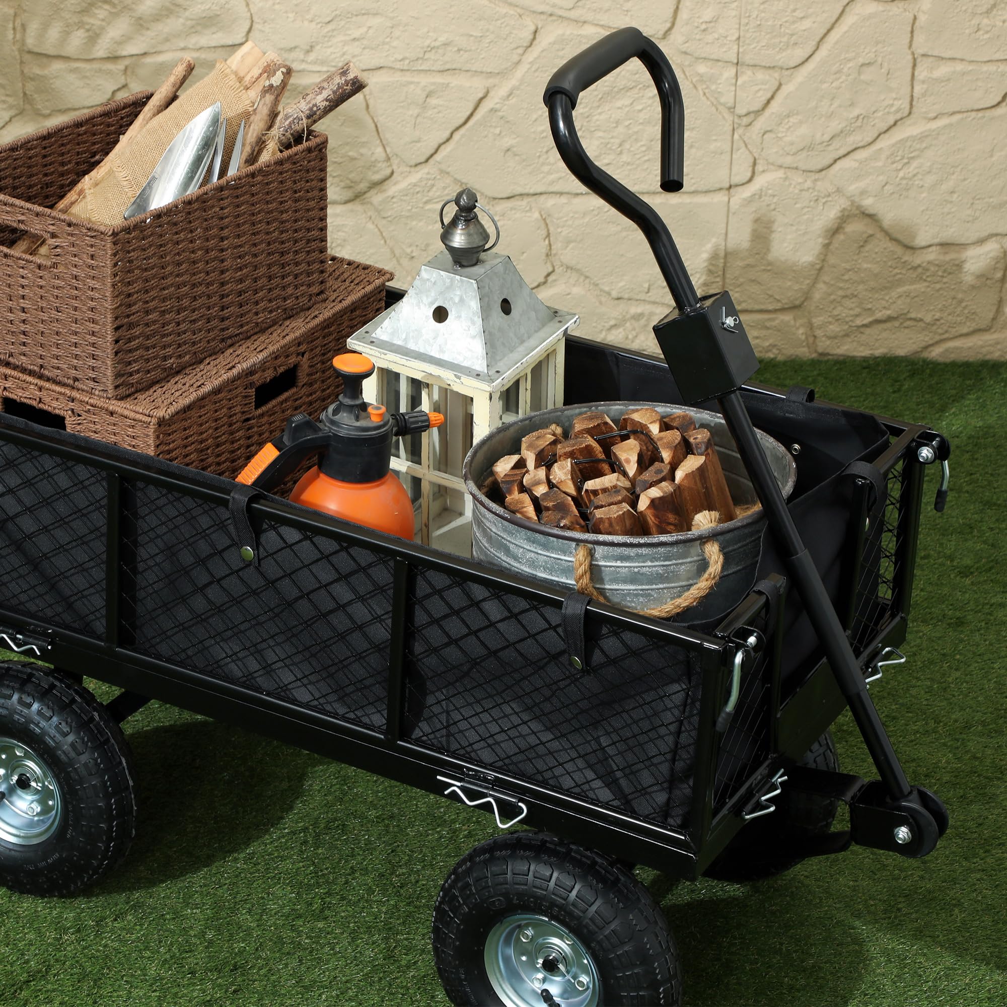 Outsunny Chariot de Jardin 300 Kg à roulettes, Poignée Rotative 180°, Noir | Chariot de Transport, Bâche Amovible, Remorque à Parois Rabattables, Pneus Gonflables 25 cm