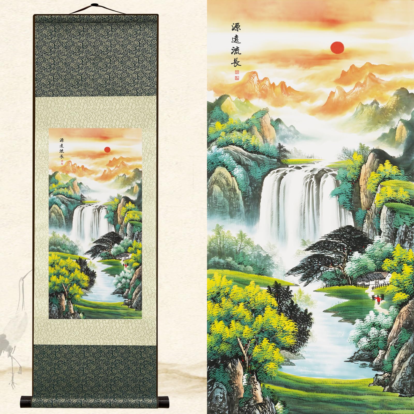 Newscz Asian Wall Art for Hallway and Stairs Room Decor Aesthetic Wall Decor Silk Scroll Landscape Paintings Bedroom Tapestries Wall Paintings for Living Room Home Kitchen Decor 36 by 12 in