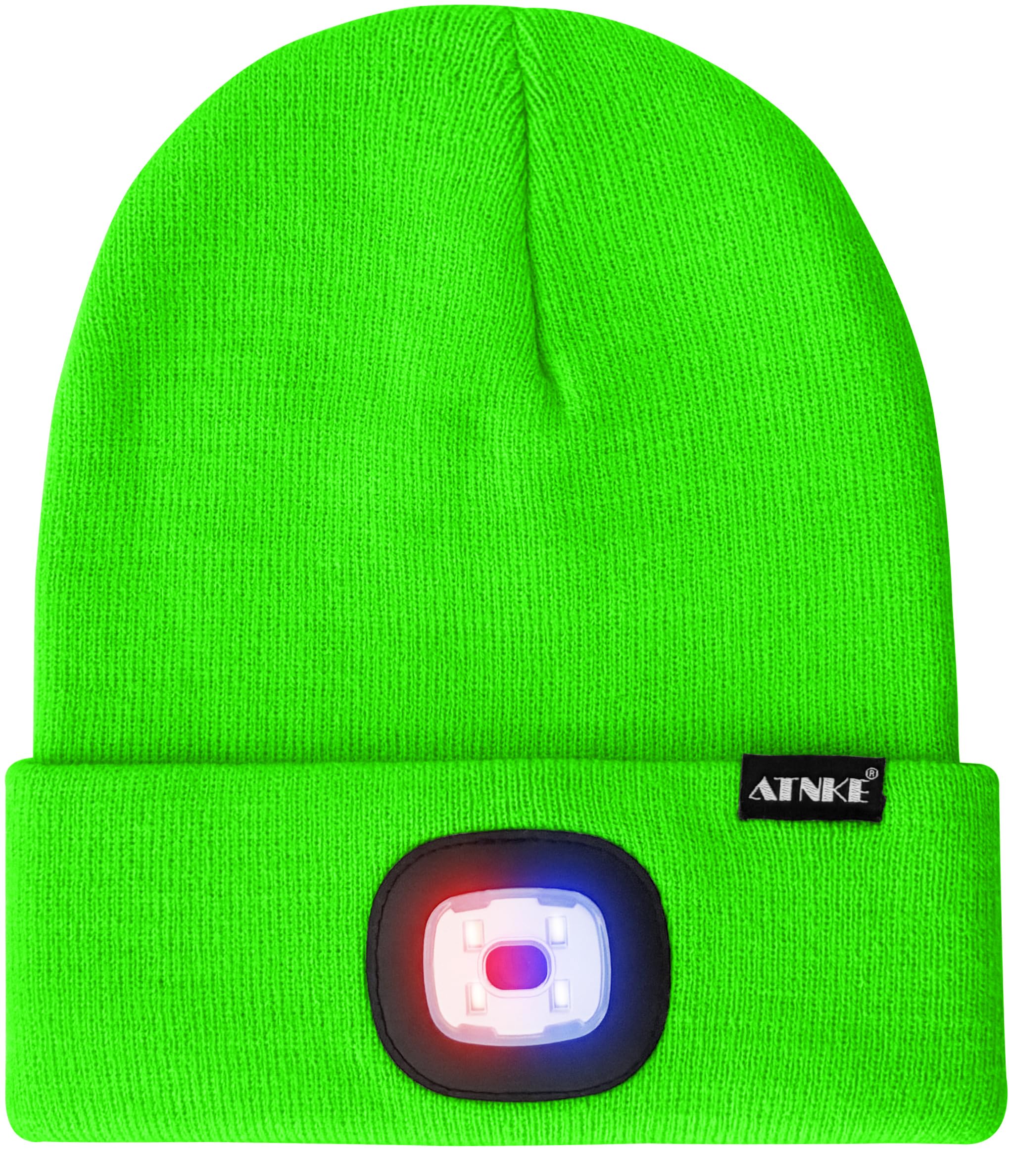 ATNKE LED Lighted Beanie Hat,USB Rechargeable 4 LED Red and Blue Flashed Run Headlamp Lined Fleece Cap for Men and Women/#Fluorescent Green