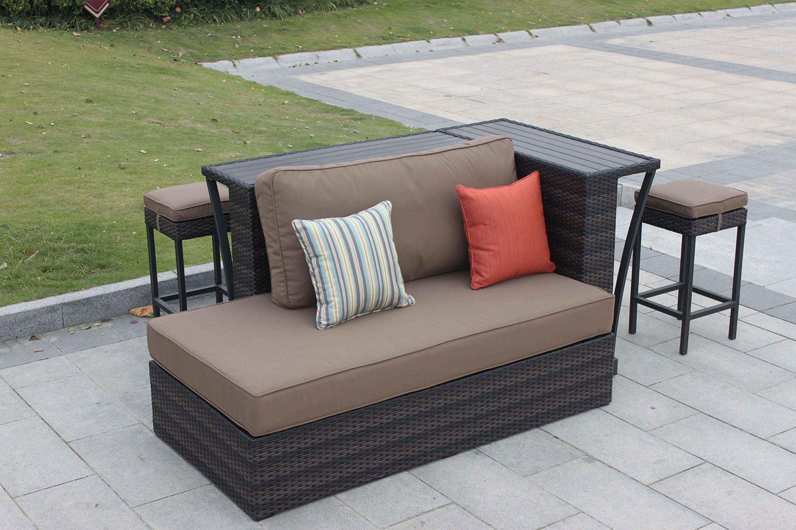 Higreen Outdoor Lake House 3 Piece Patio Sectional Sets,Outdoor Bar Setting,2 Piece Wicker Hand Paint Barstools(Canvas Cocoa Brown) With Sunbrella Cushions,No Assembly Required/Minimal Require