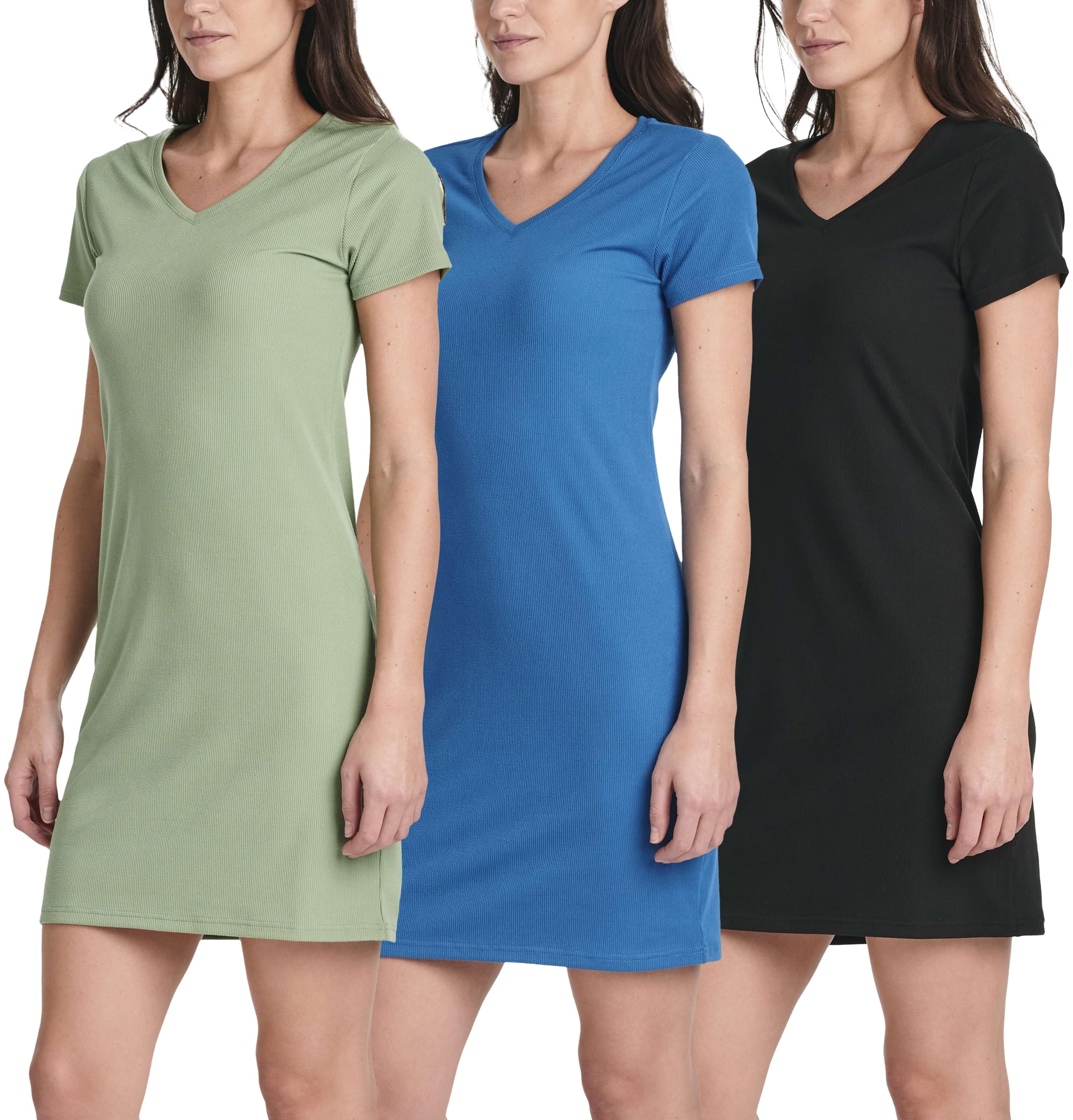 Real Essentials 3 Pack: Women's Ribbed Knit Short-Sleeve V-Neck Swing T-Shirt Casual Dress (Available in Plus)