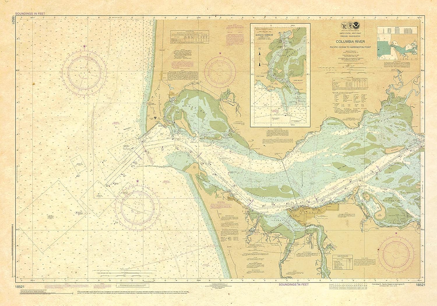 Paradise Cay Publications, Inc. Antiqued NOAA Chart 18521: Columbia River Pacific Ocean to Harrington Point; Ilwaco Harbor