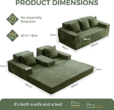 MAXYOYO Folding Sofa Bed, Corduroy Floor Couch with Cup Holder | Convertible Sleeper Sofa Bed with Cup Holder and Pillows, Lazy Compression Sofa for Living Room, Bedroom, Guest Room