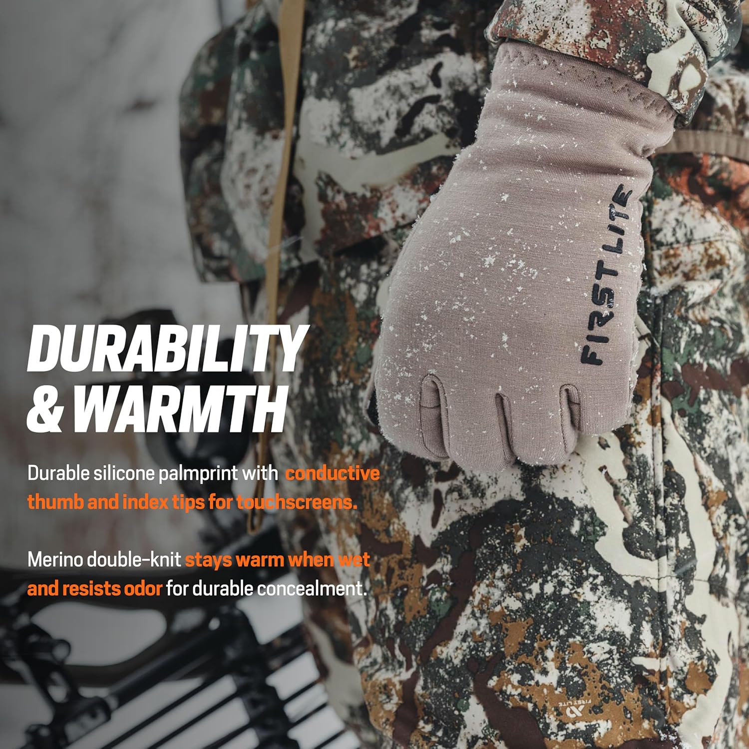 First Lite Rugged Wool Fleece Glove - Heavyweight Merino Wool Hunting Gloves with Silicone Grip and Touchscreen Compatible - Image 4