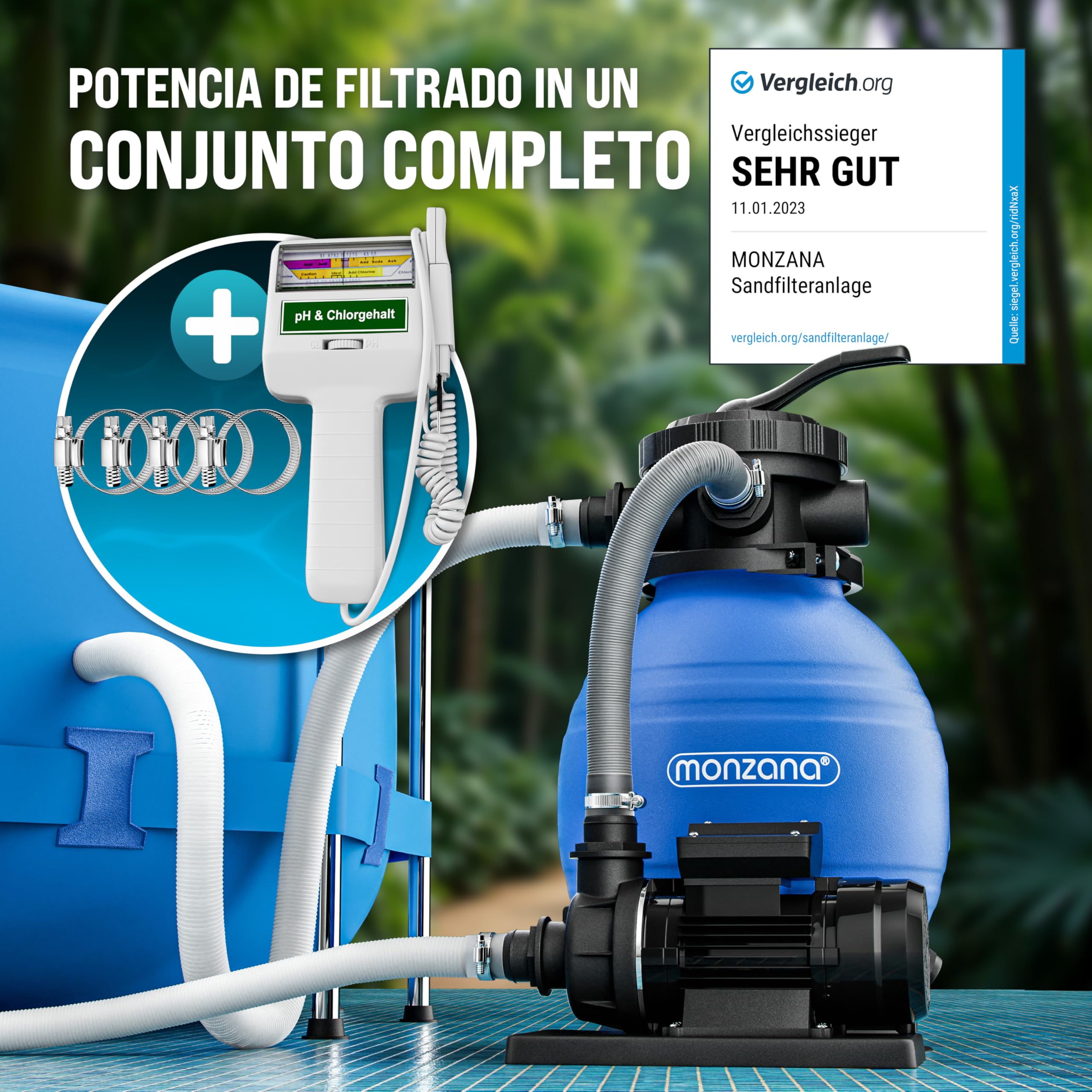 MONZANA® Depuradora Piscina 10.200L/h Filtro de Arena Autocebante Válvula 7 Funciones Filtrado 450W Adaptador Ø32-38mm incl. Medidor Cloro y PH Bomba Indicador de Presión