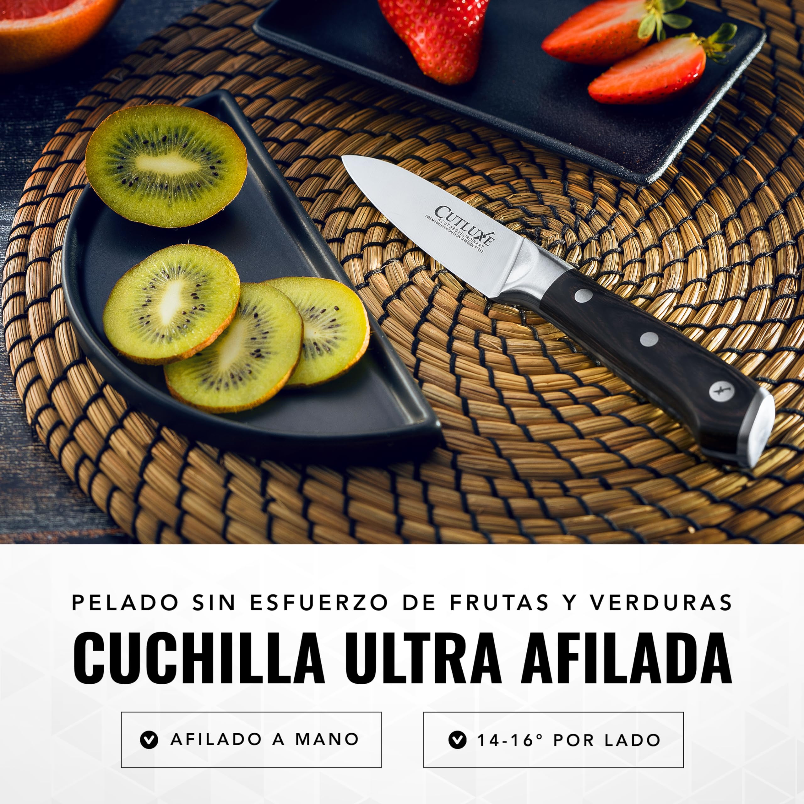 Cutluxe Cuchillo Pelar y Puntilla 9cm para Fruta y Verdura, Acero Alemán | Espiga completa con mango de Pakkawood triple remachado; filo afilado a mano; más de 56 HRC; garantía de por vida