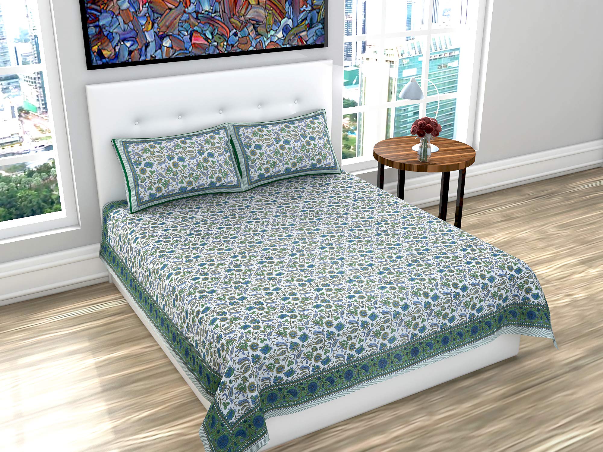 PK FashionsPK Fashions Pure Cotton Handlook Floral Print King Size Bed Sheet for Double Bed with 2 Pillow Covers (Green)