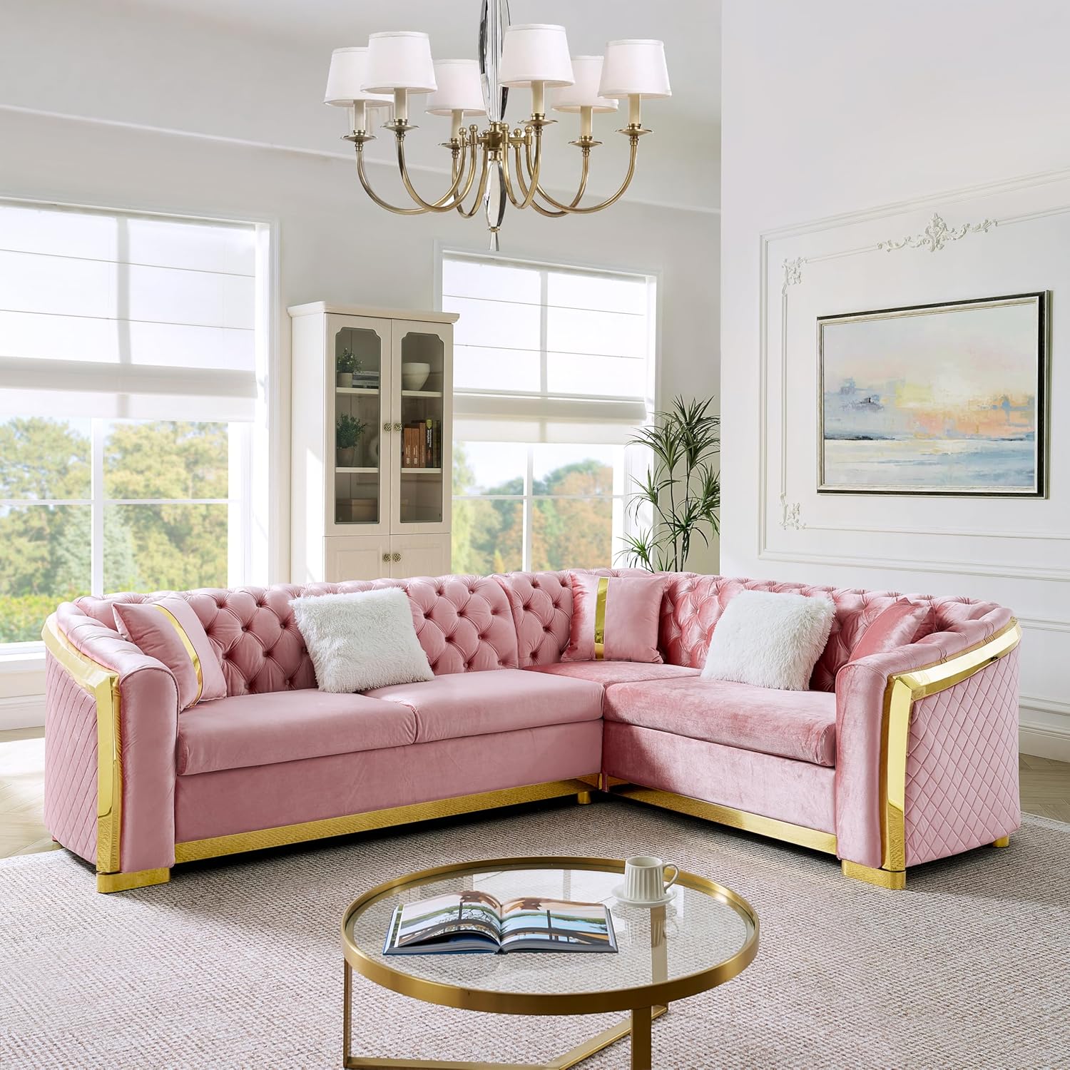 KEIKI 106" L-Shaped Luxury Velvet Chesterfield Sectional Sofa with Gold Stainless Steel Accents and 5 Pillows, Mid-Century Oversized 5-Seater Button Tufted Couch, Easy Assembly, for Living Room, Pink