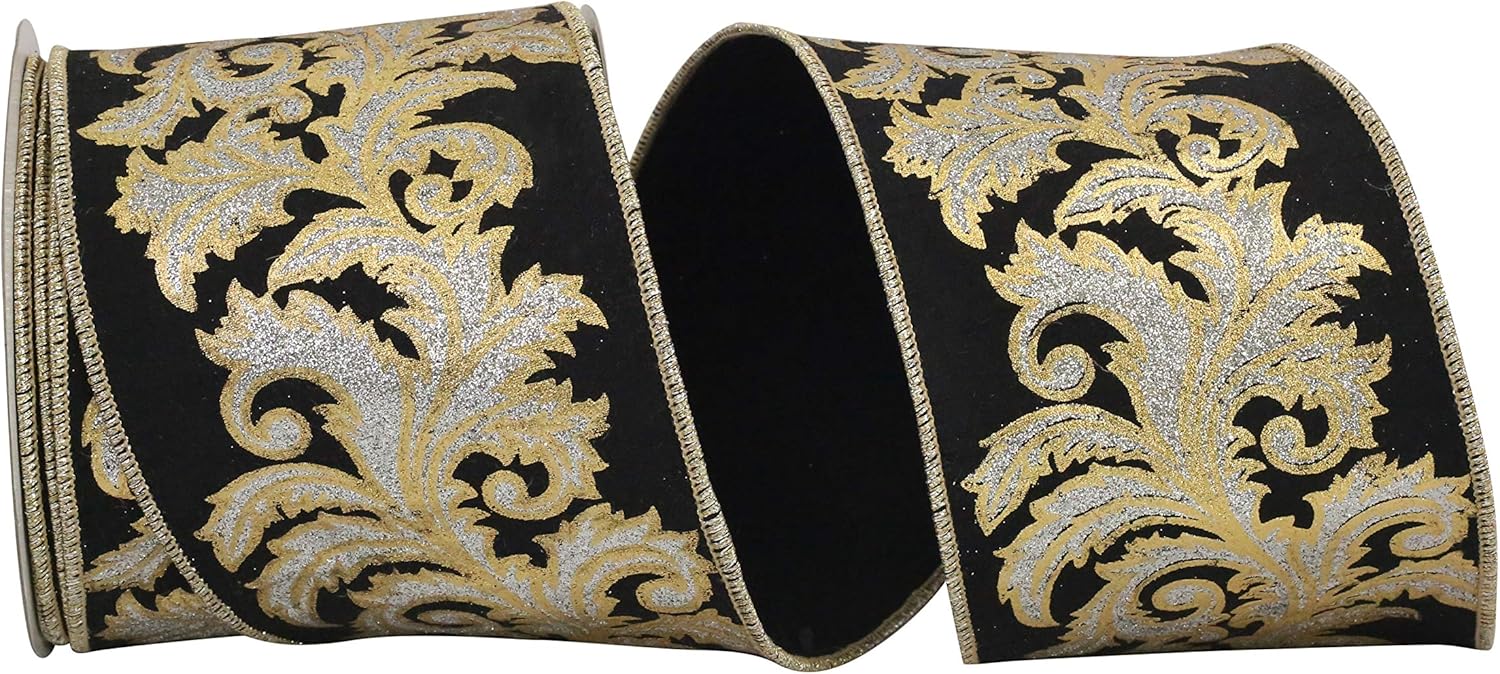 Reliant Ribbon Leaf Filigreee Deluxe Gold Outline Wired Edge Ribbon, 4 Inch X 10 Yards, Black/silver